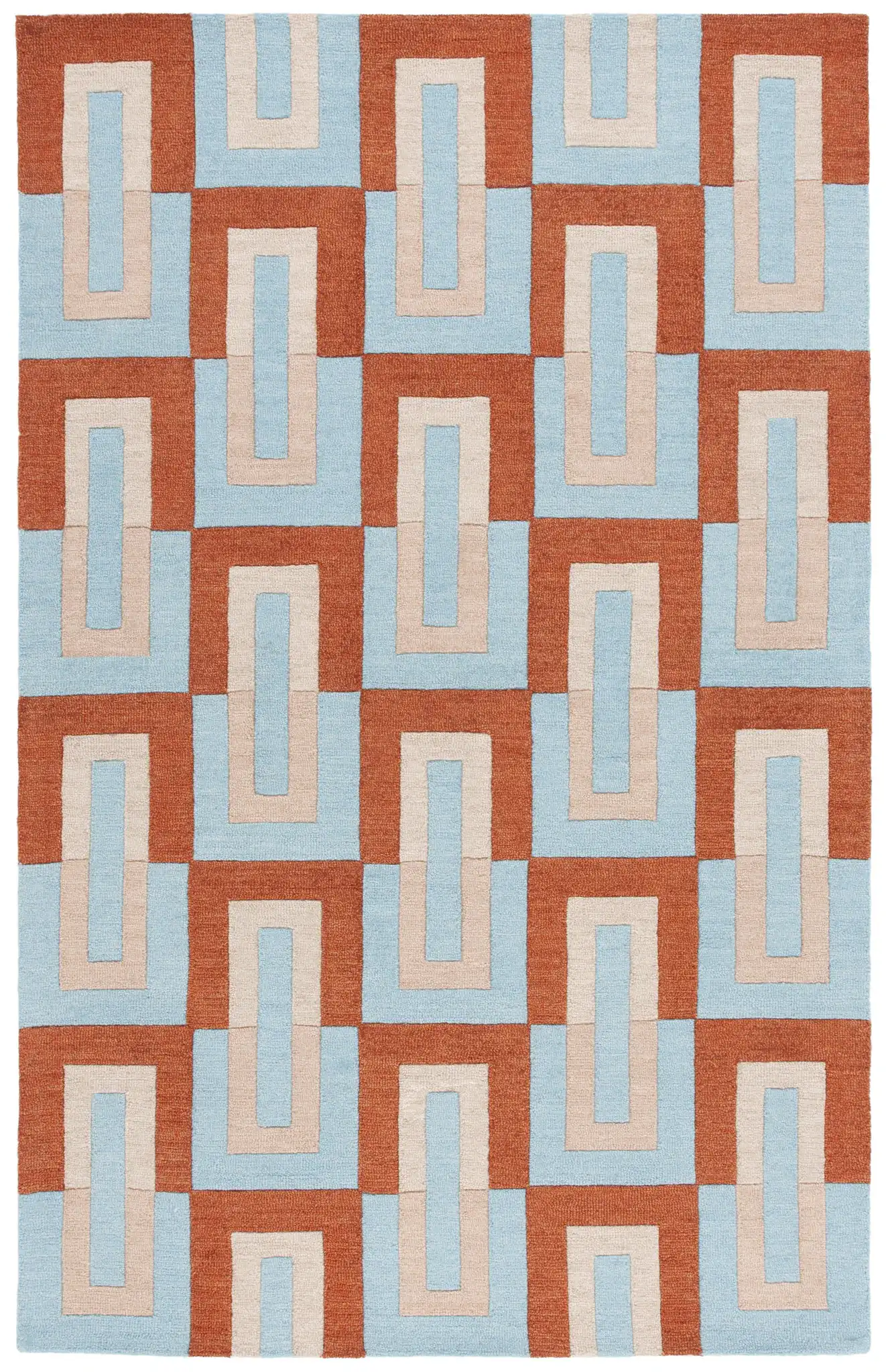 Genre Interlocking Rectangles Hand-Tufted Wool Rug in Light Blue / Rust