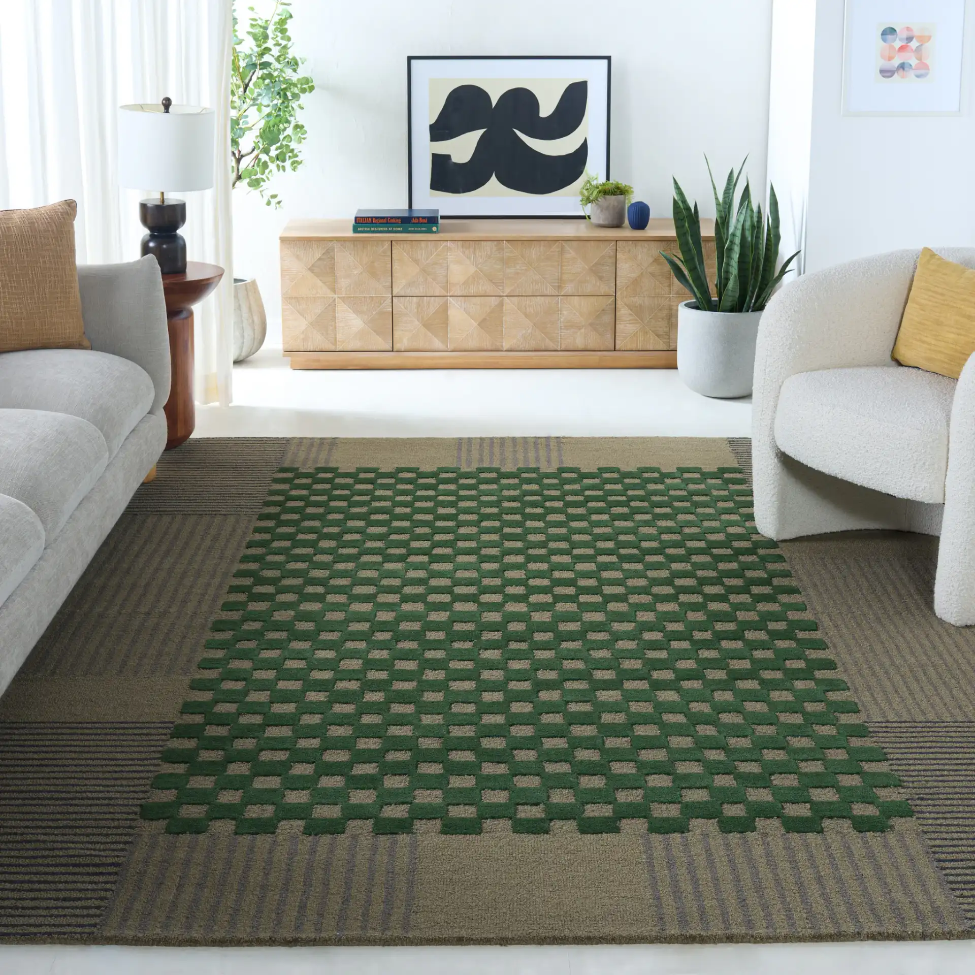 Genre Checkered Patchwork Hand-Tufted Wool Rug in Gray / Green