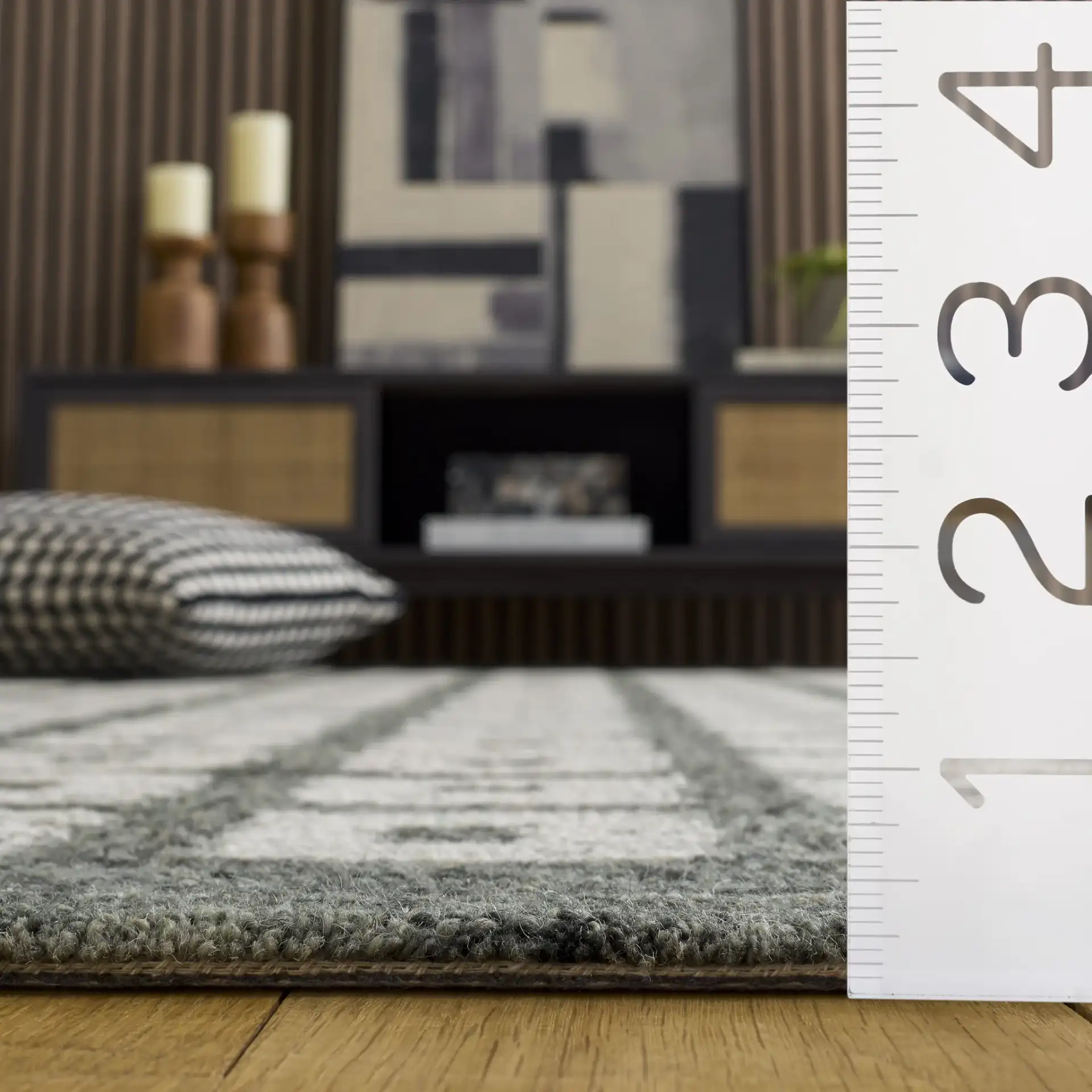 Genre Modern Grid Hand-Tufted Wool Rug in Green / Ivory in a styled room