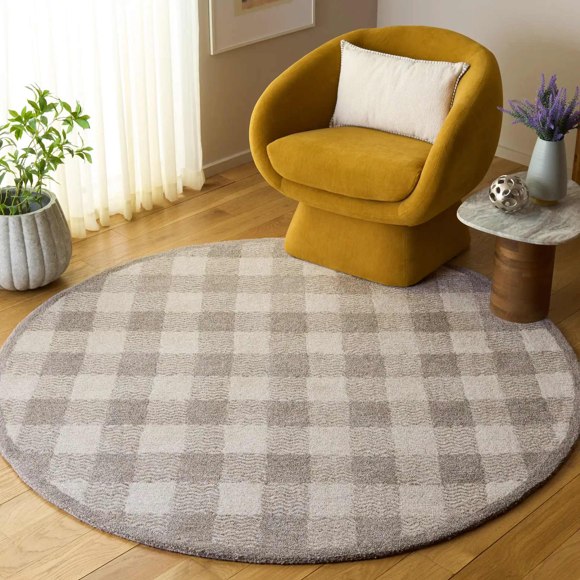 Genre Checkered Hand-Tufted Wool Rug in Gray / Ivory in a styled room