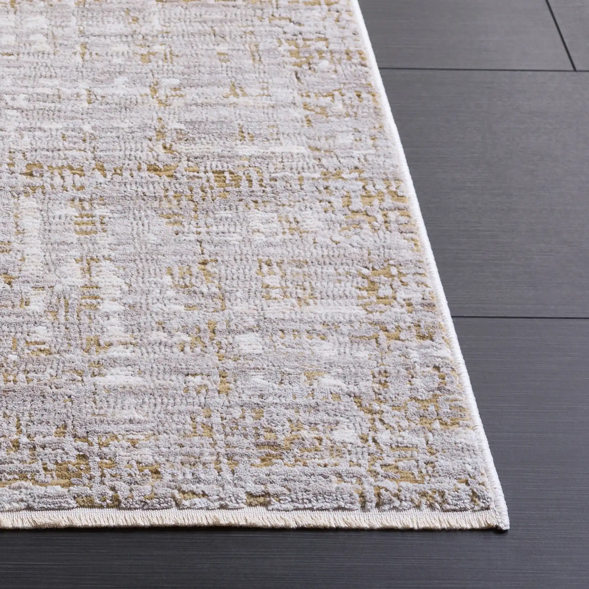 Garnet Distressed Grid Rug in Gold / Gray in a styled room