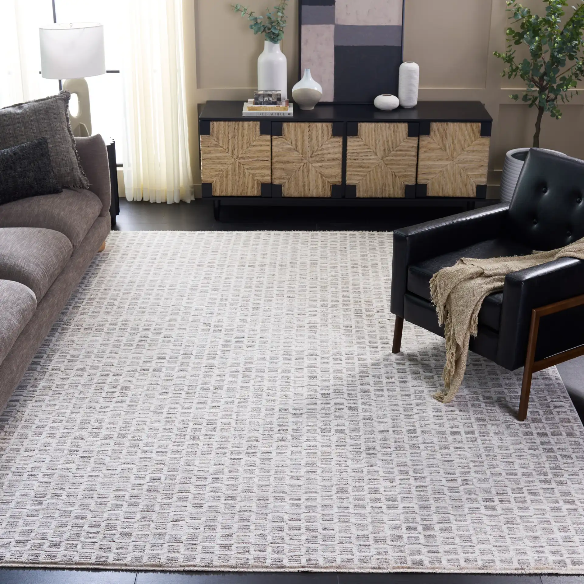 Garnet Grid Rug in Gray / Ivory in a styled room