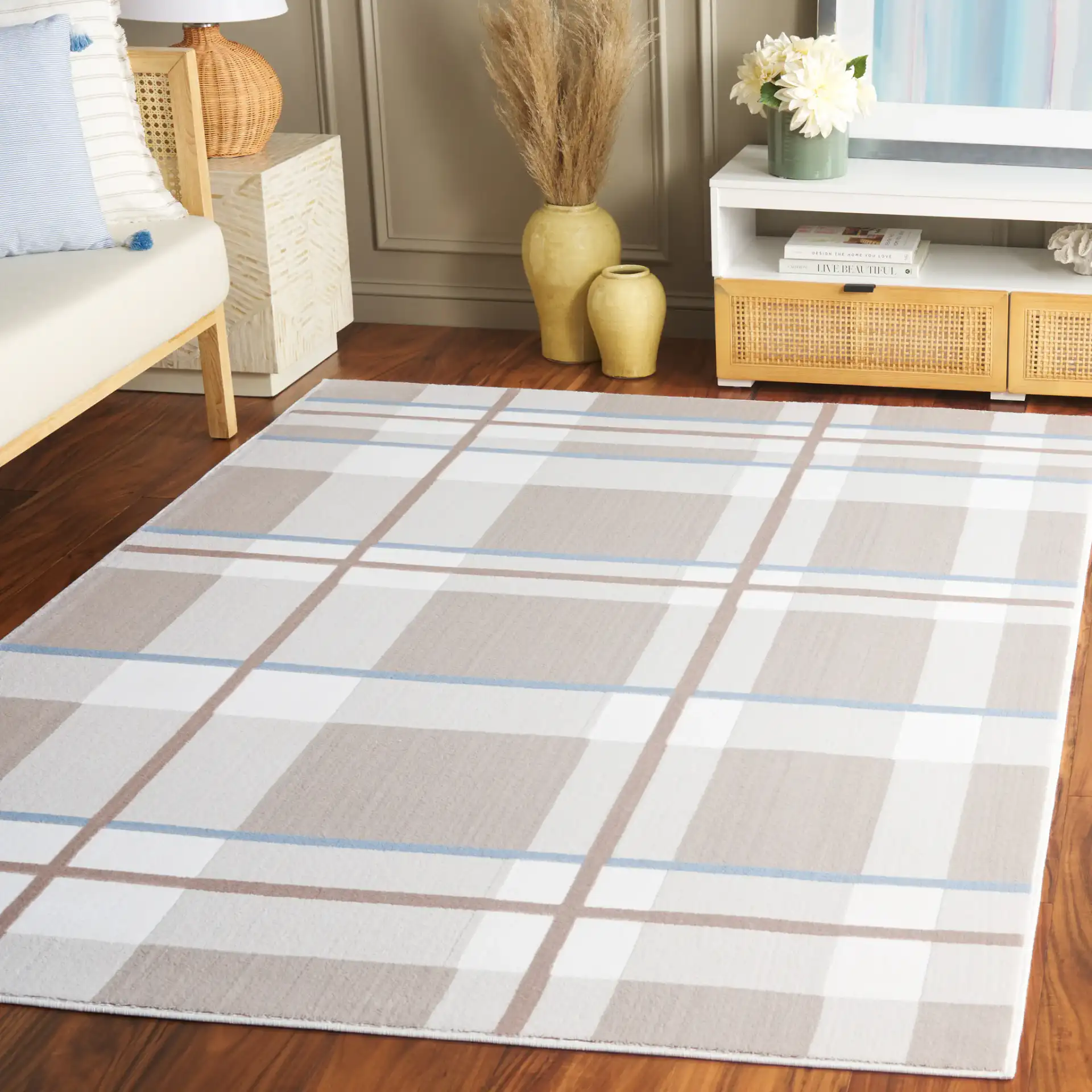 Groove Windowpane Plaid Rug in Beige / Light Blue in a styled room