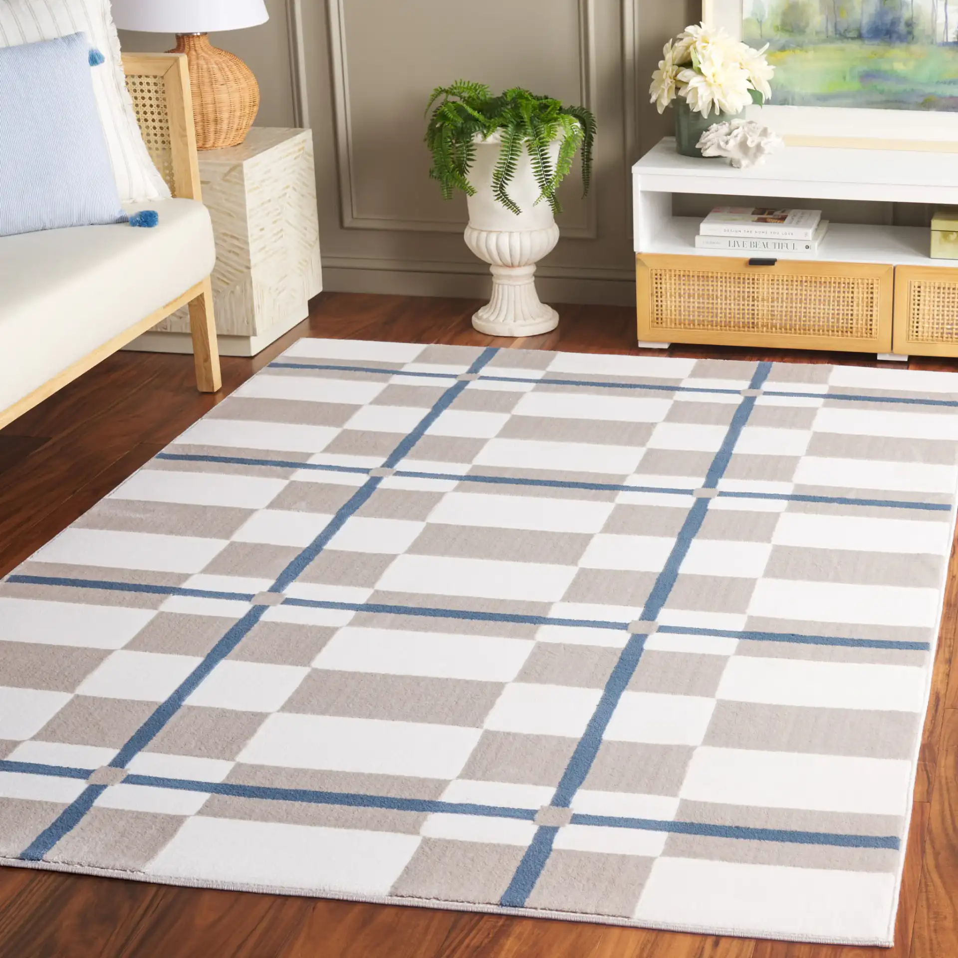 Groove Modern Plaid Rug in Ivory / Blue in a styled room