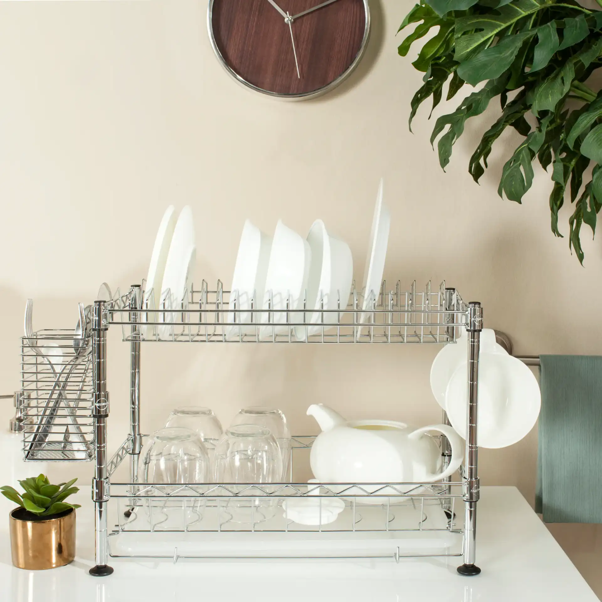 Darina Adjustable Dish Rack in Chrome in a styled room
