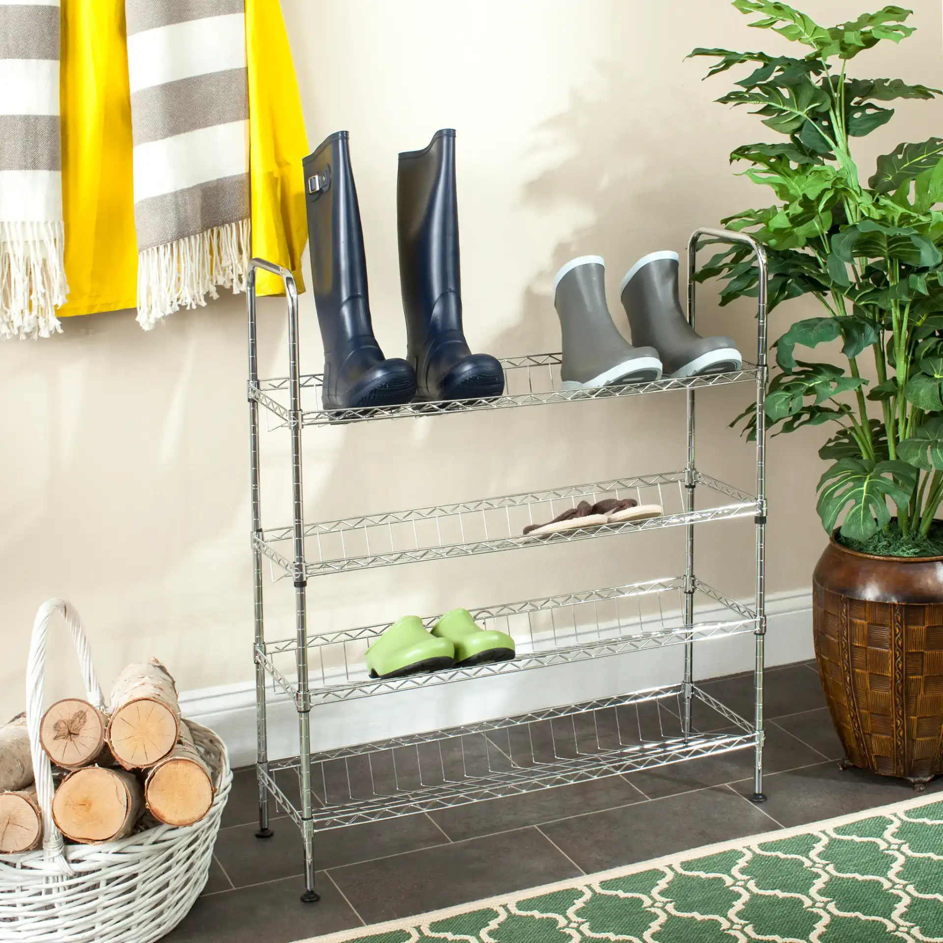 Lidia Adjustable Shoe Rack in Chrome in a styled room
