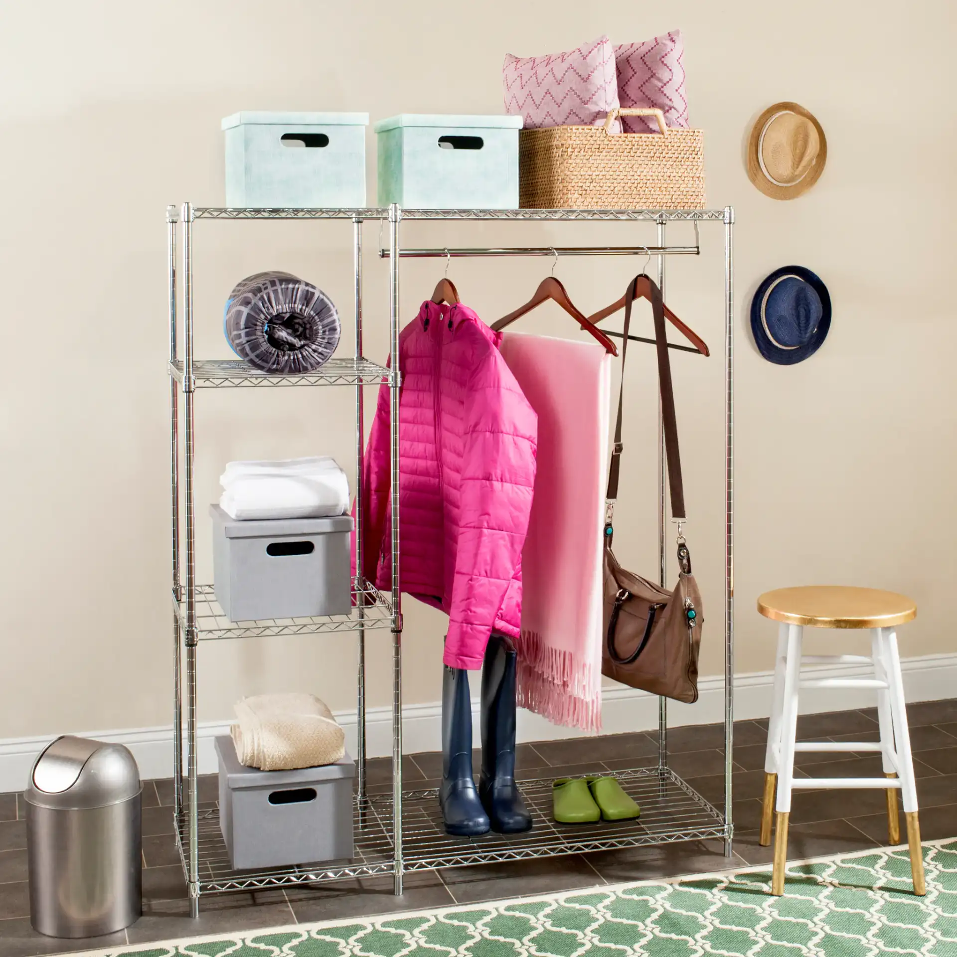 Betsy Adjustable Garment Rack in Chrome in a styled room