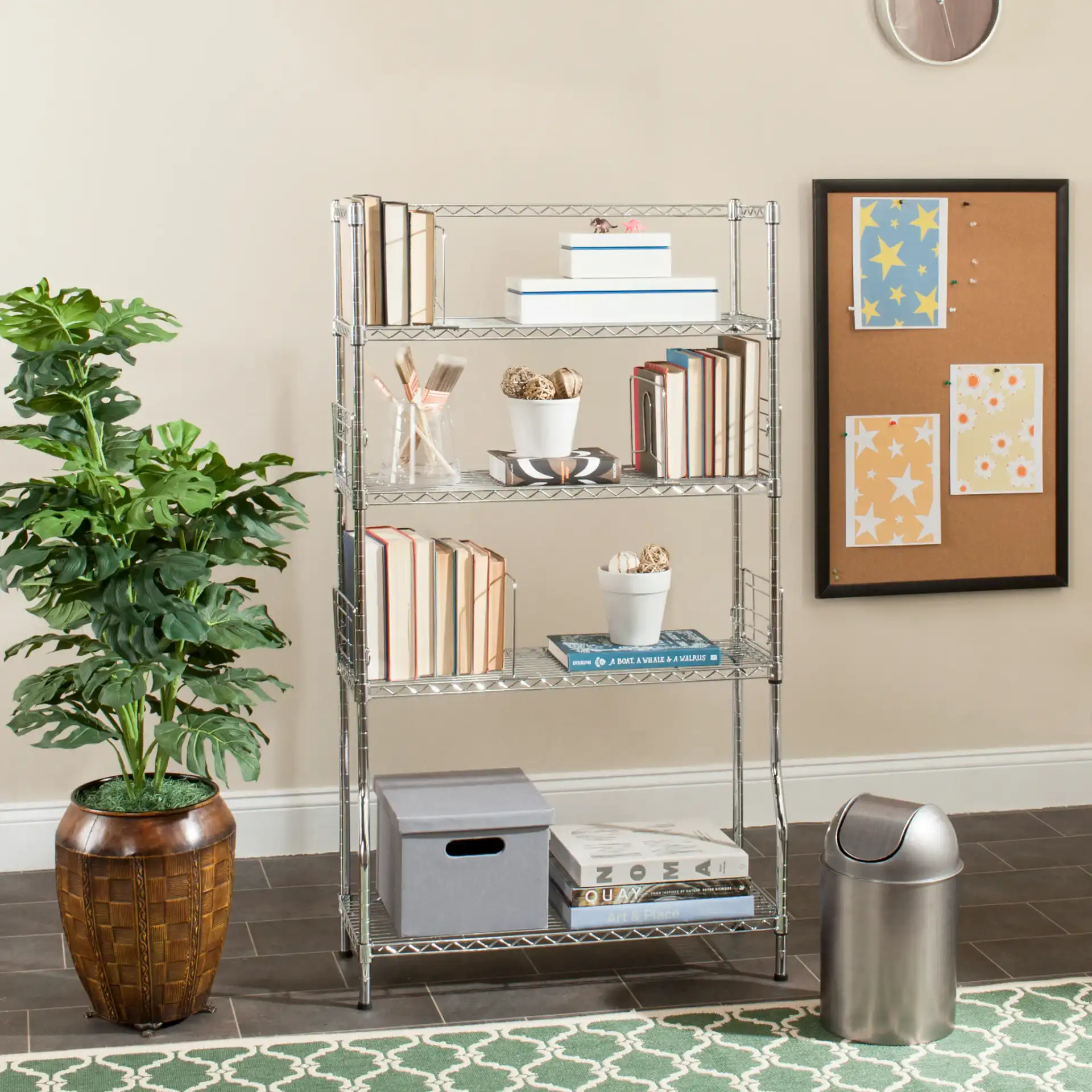 Fernand Wire Book Rack in Chrome in a styled room