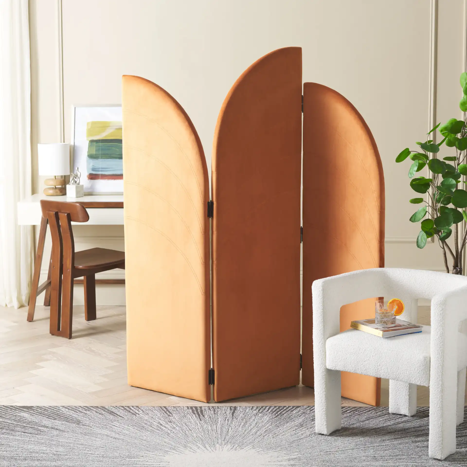 Celestino Tri-Fold Screen in Orange in a styled room