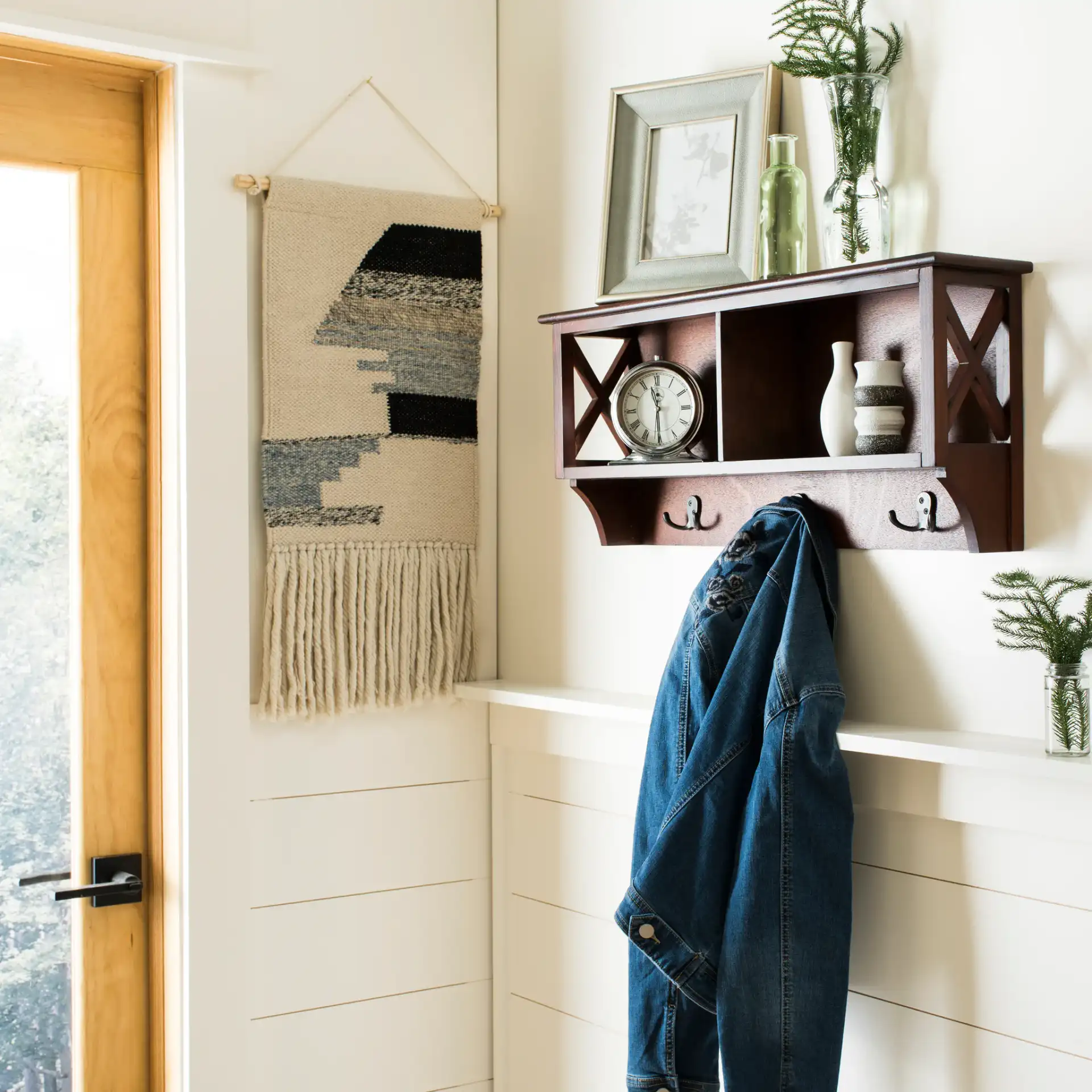 Freya Hanging Storage Wall Rack in Cherry in a styled room