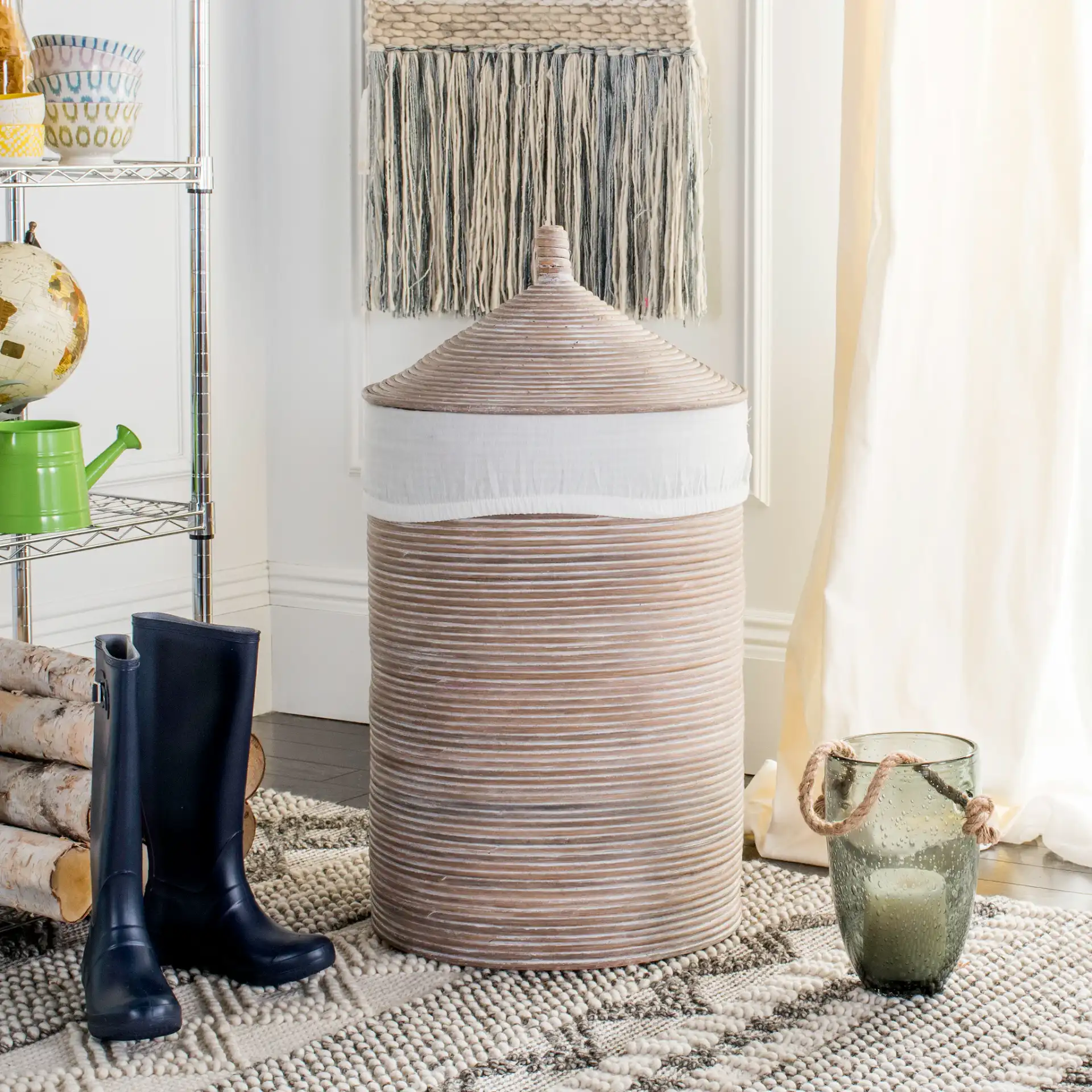 Wellington Laundry Basket in Gray in a styled room