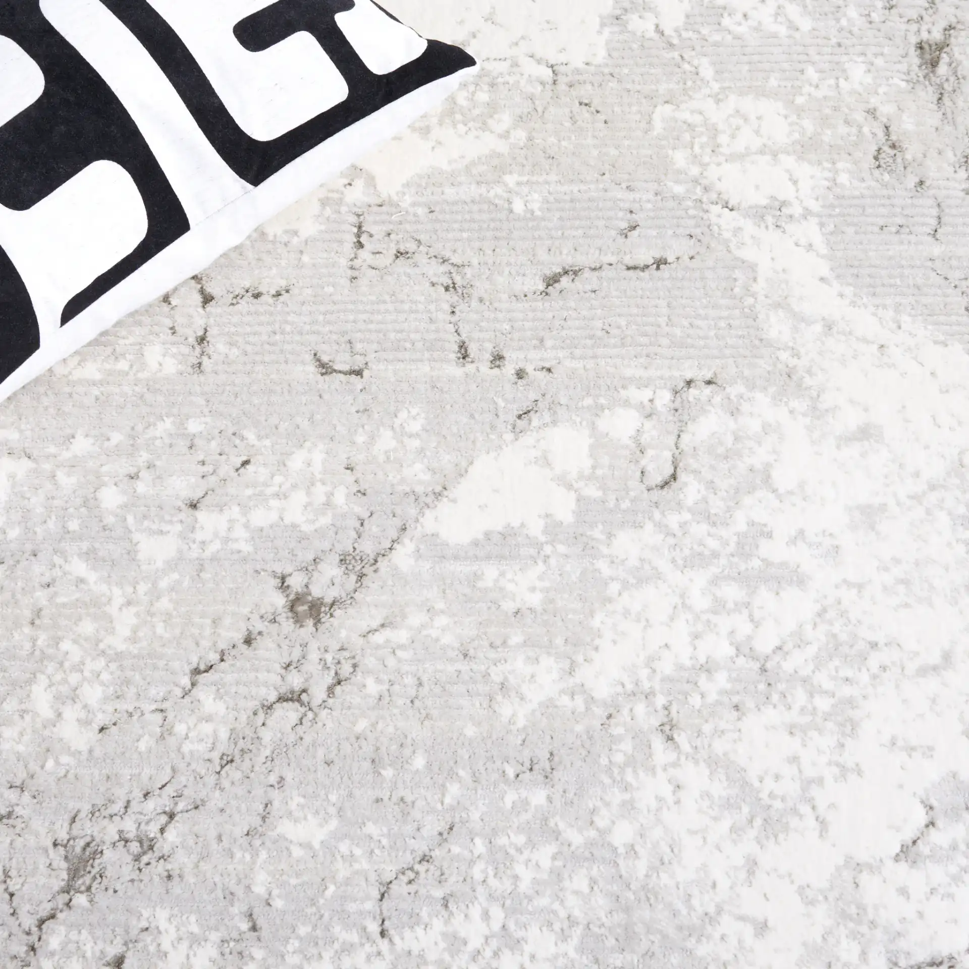 Hanna Marbled Abstract Rug in Gray / Ivory in a styled room