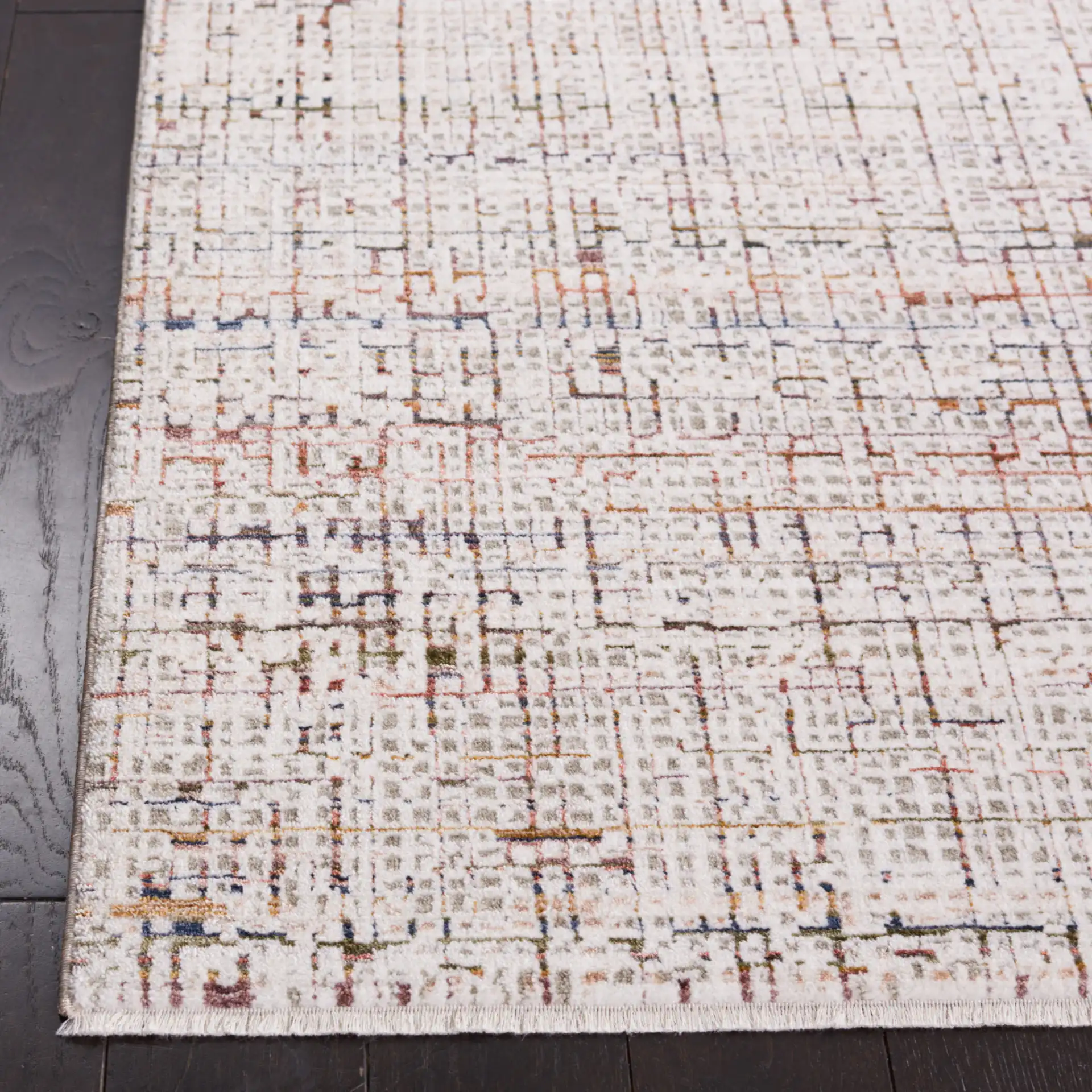 Harlow Abstract Grid Rug in Ivory Gray / Rust in a styled room
