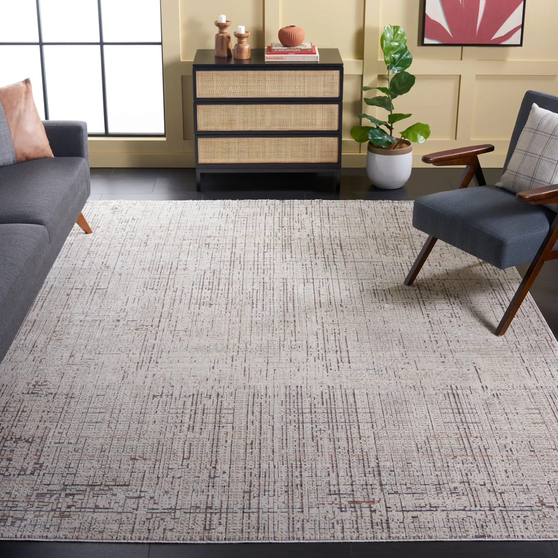 Harlow Abstract Grid Rug in Ivory Gray / Rust in a styled room