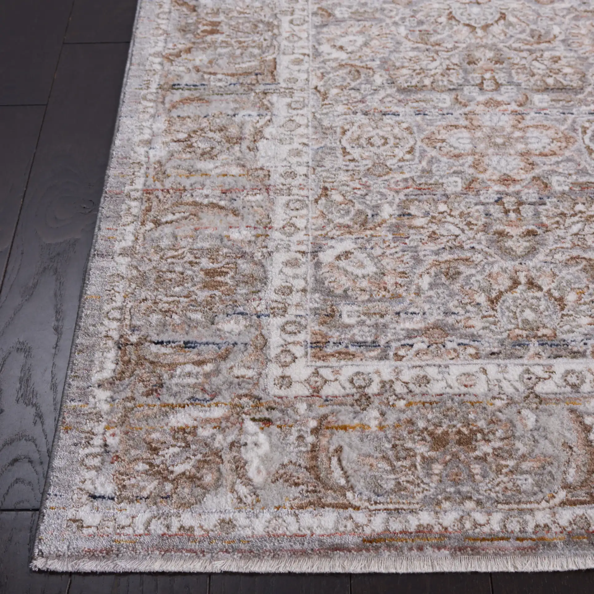 Harlow Small-Scale Floral Bordered Rug in Ivory Gray / Sage in a styled room