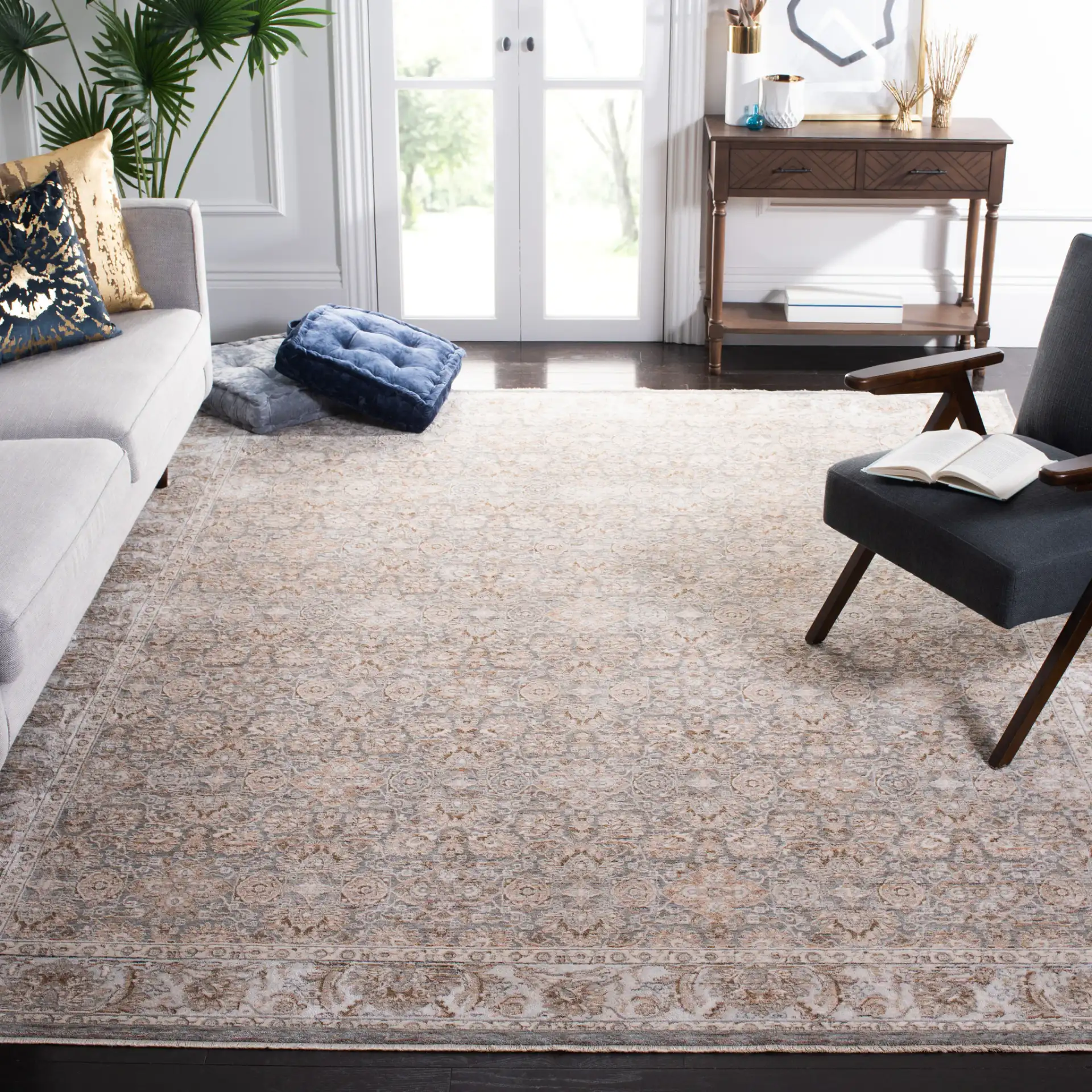 Harlow Small-Scale Floral Bordered Rug in Ivory Gray / Sage in a styled room