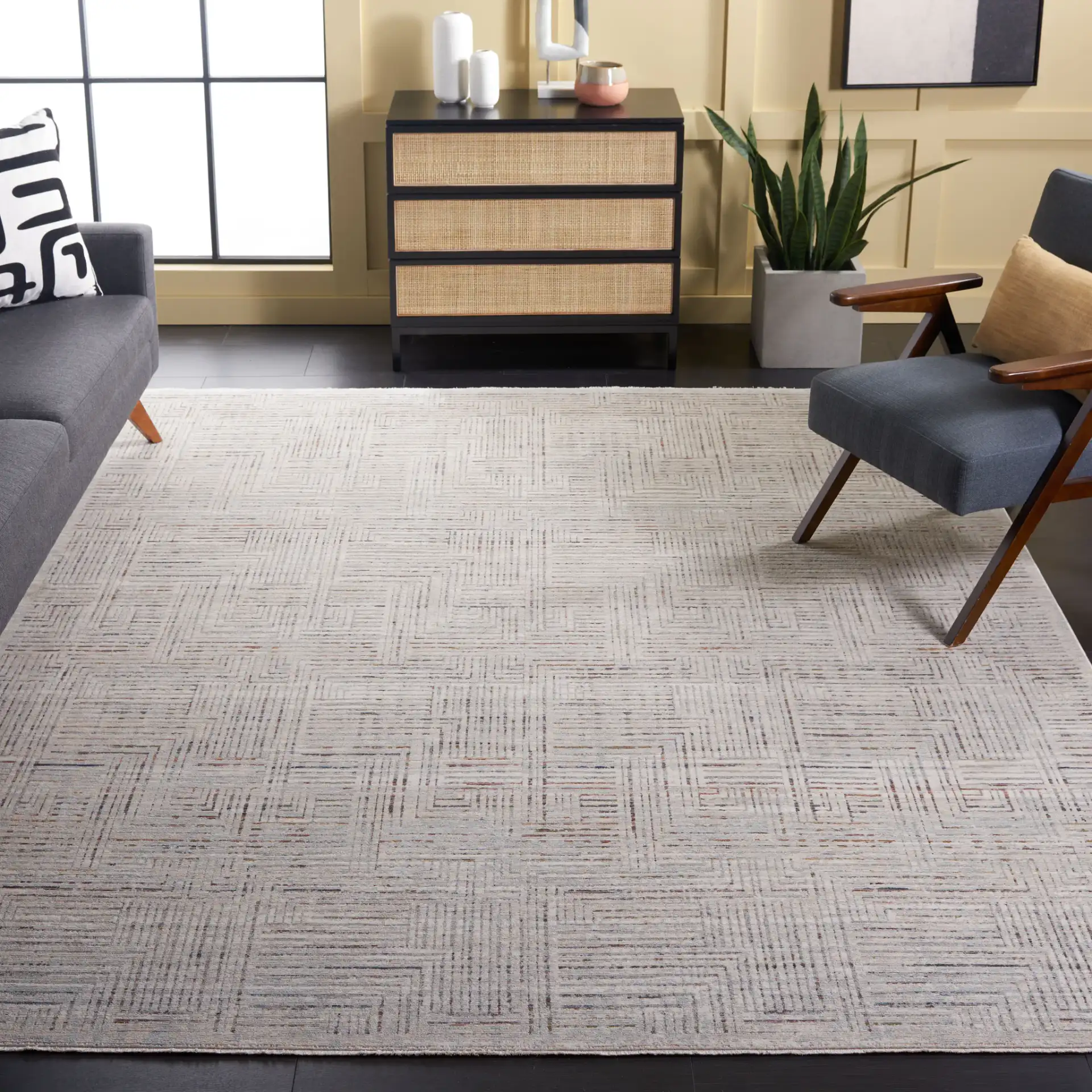 Harlow Maze Rug in Ivory Gray / Rust in a styled room