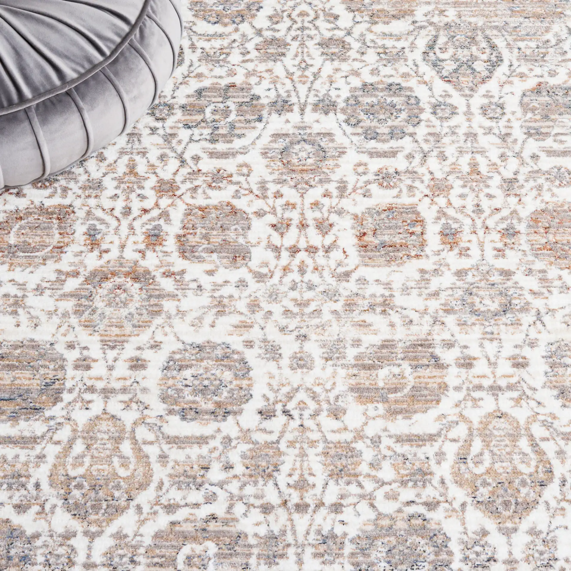 Harlow Bordered Floral Rug in Gray / Ivory Blue in a styled room