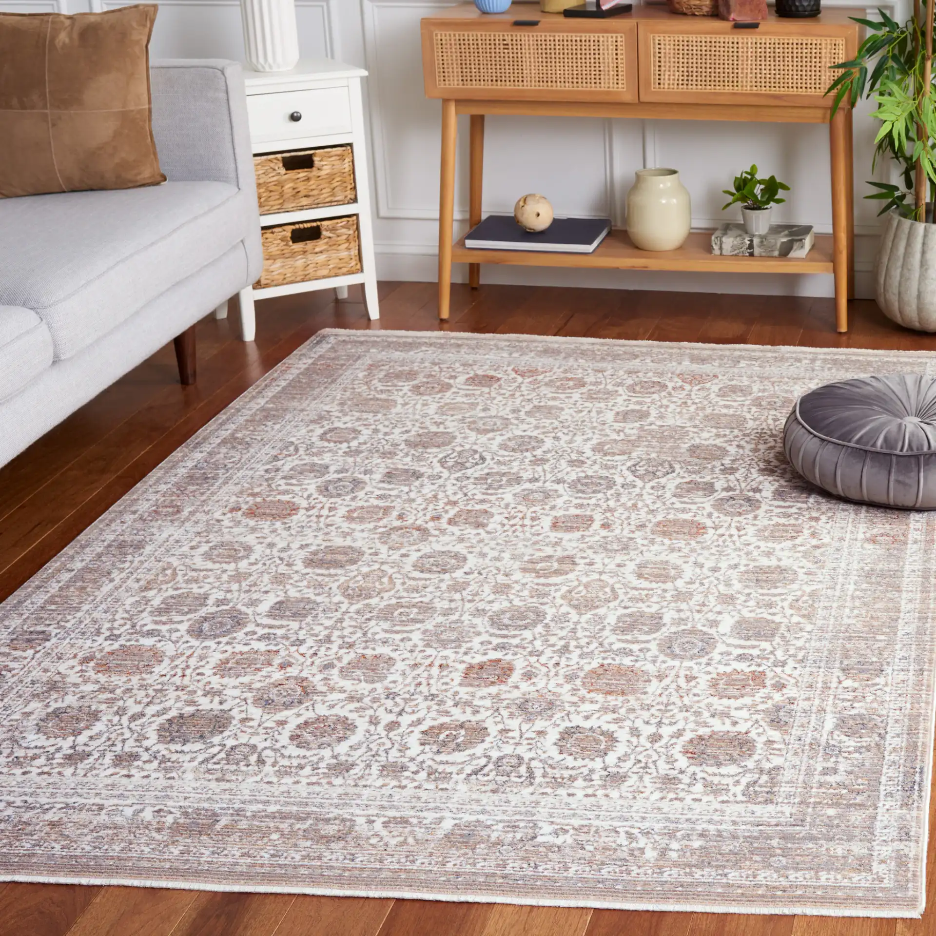 Harlow Bordered Floral Rug in Gray / Ivory Blue in a styled room