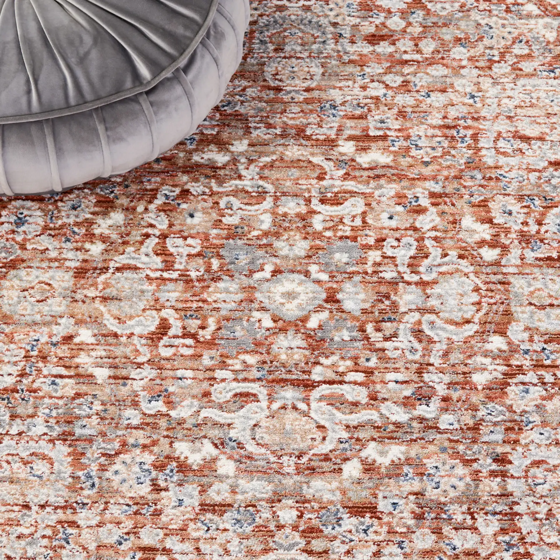 Harlow Floral Medallion Rug in Rust / Ivory Gray in a styled room