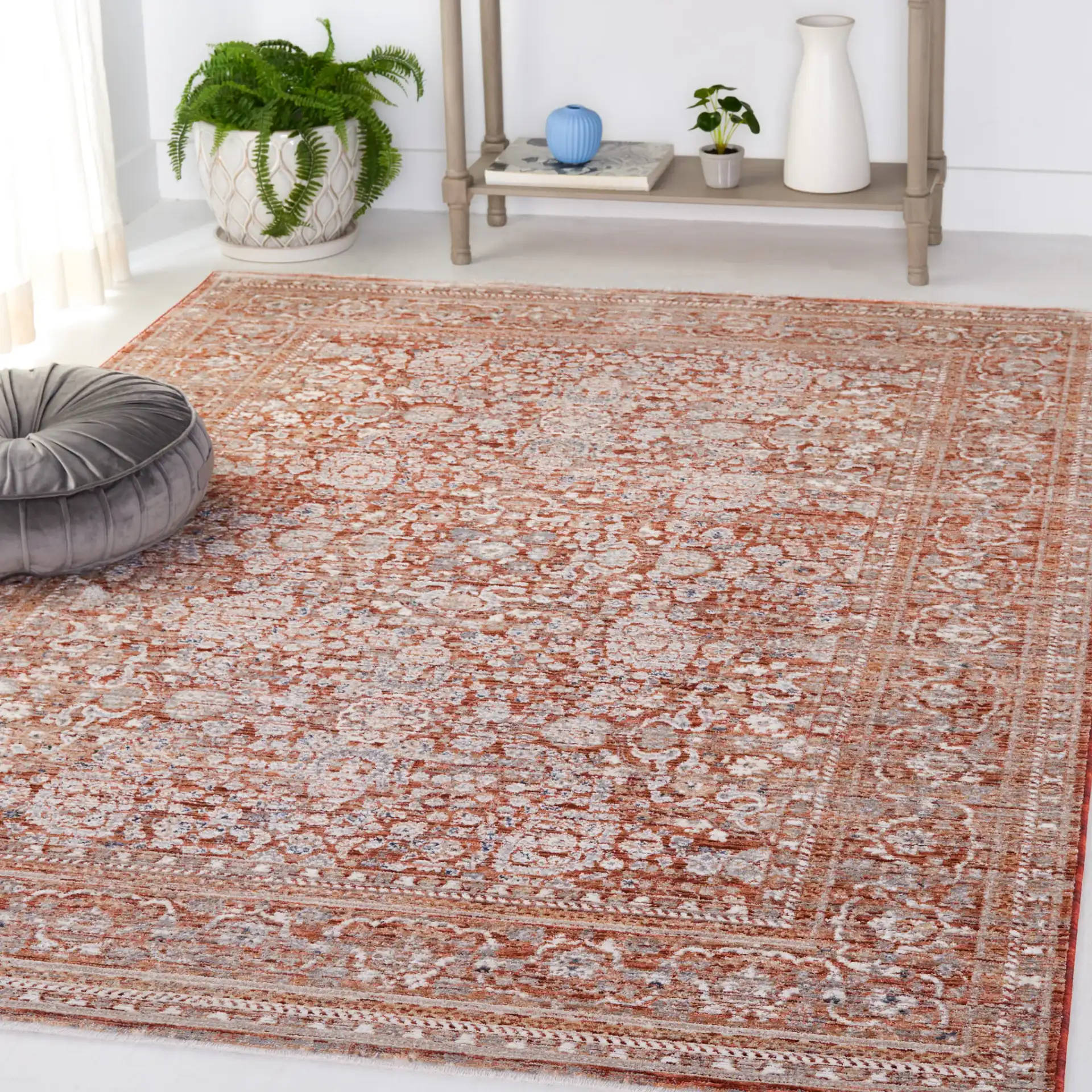 Harlow Floral Medallion Rug in Rust / Ivory Gray in a styled room