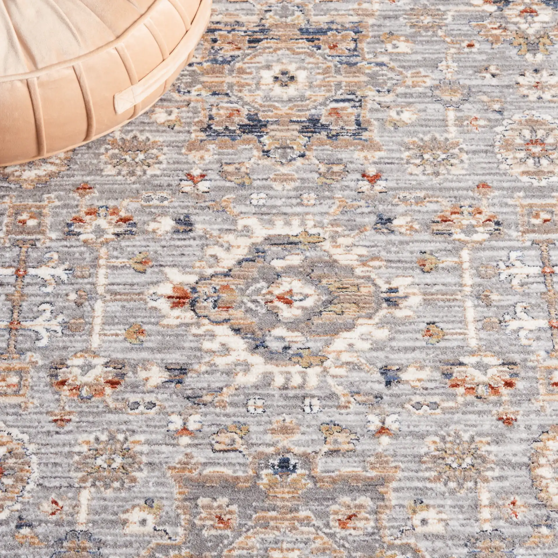 Harlow Medallion Rug in Light Gray / Beige Blue in a styled room