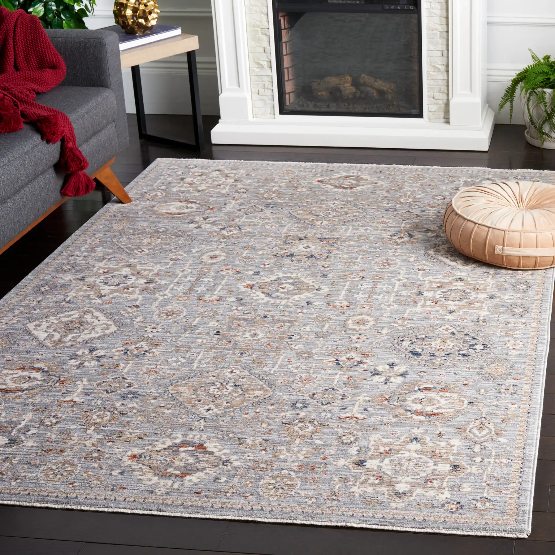 Harlow Medallion Rug in Light Gray / Beige Blue in a styled room