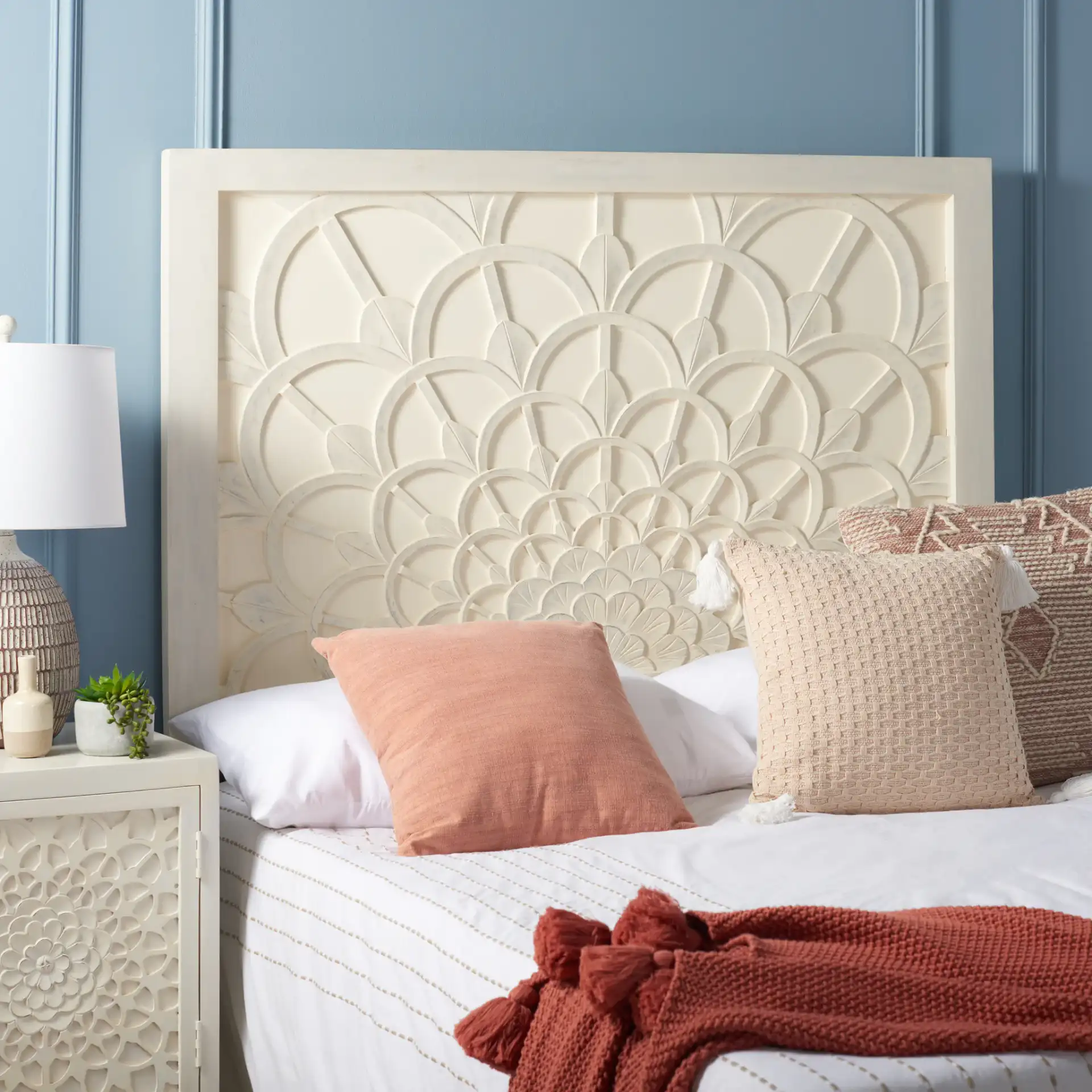 Richella Headboard in Ivory Wash in a styled room