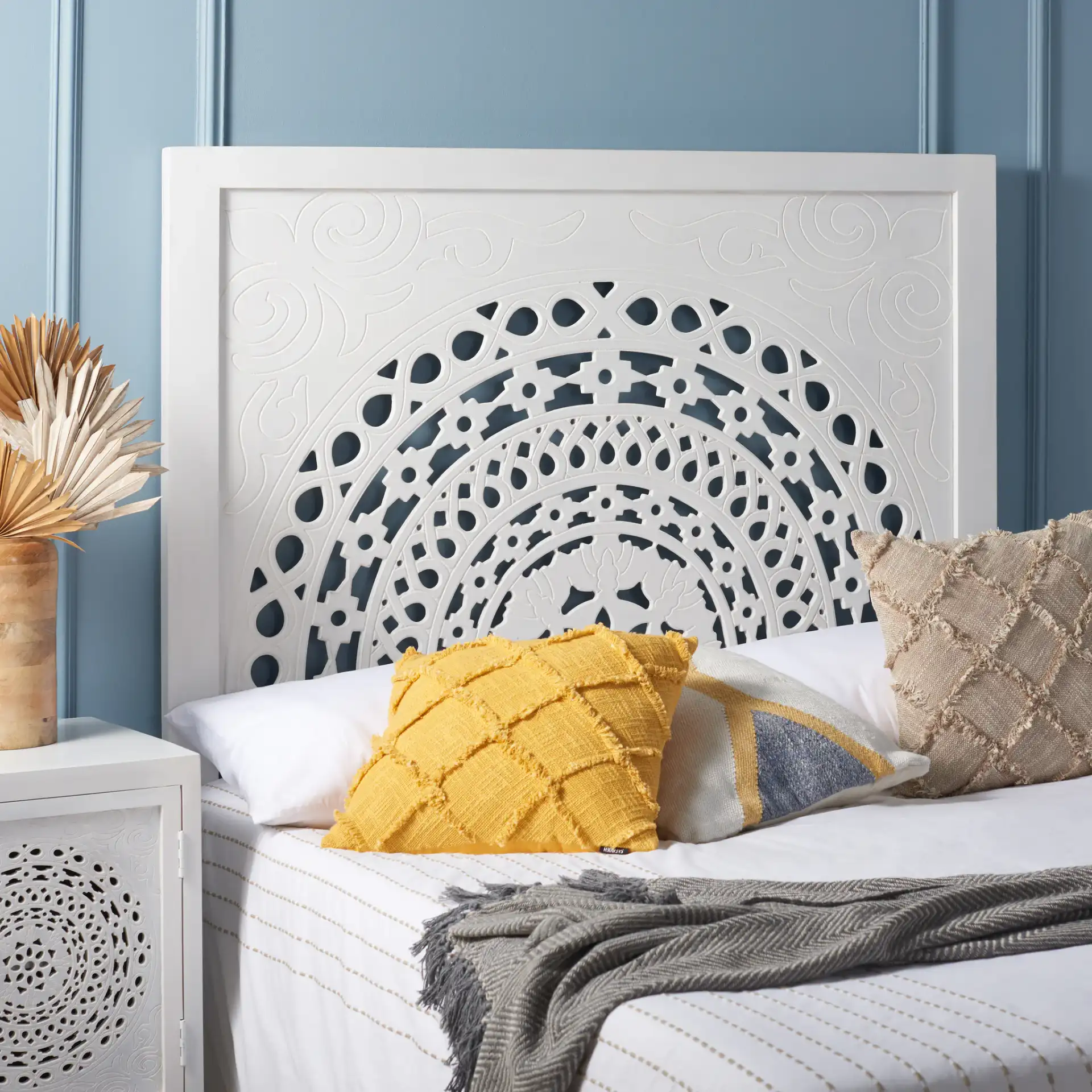 Romilda Headboard in White Washed in a styled room