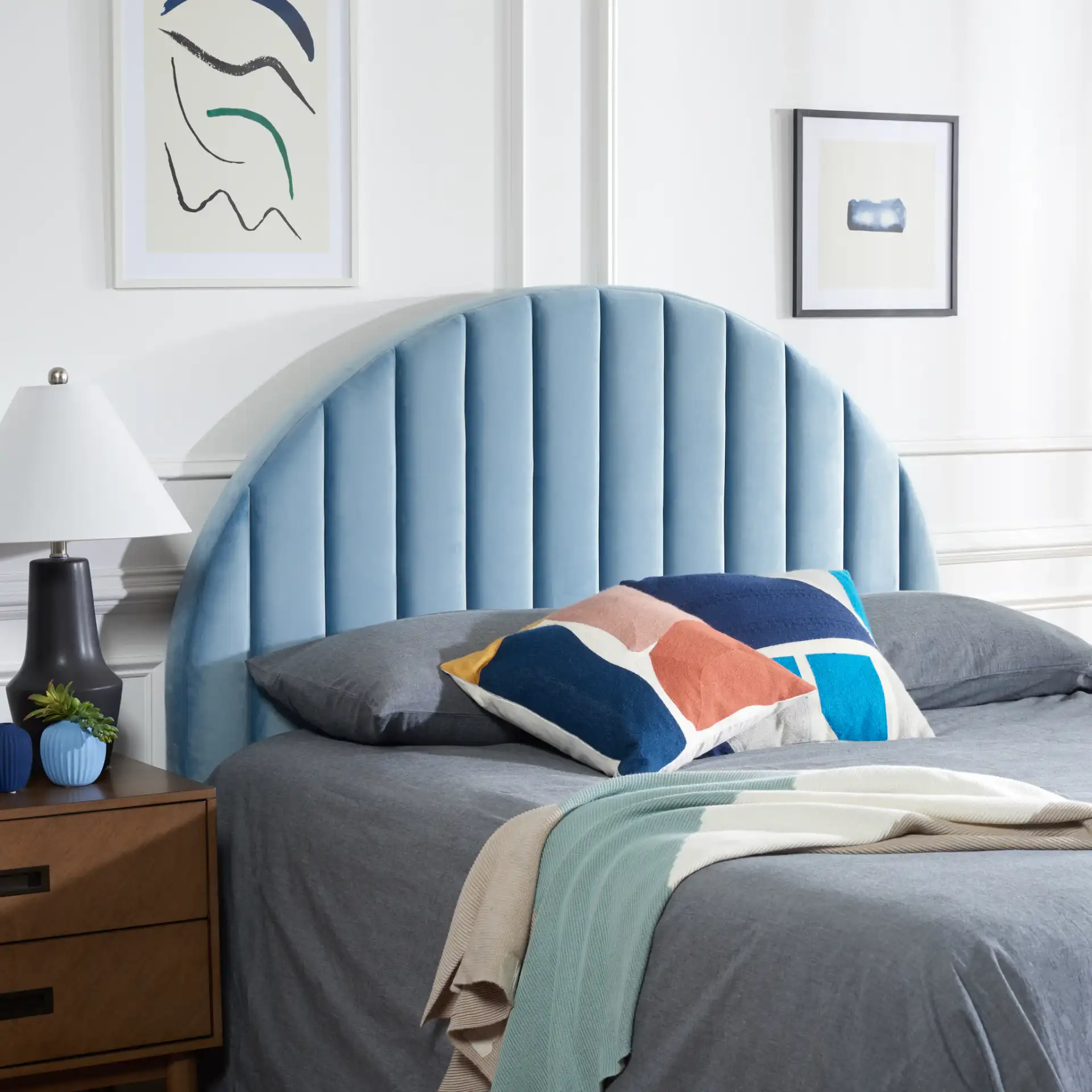 Solare Striped Archd Headboard in Slate Blue in a styled room