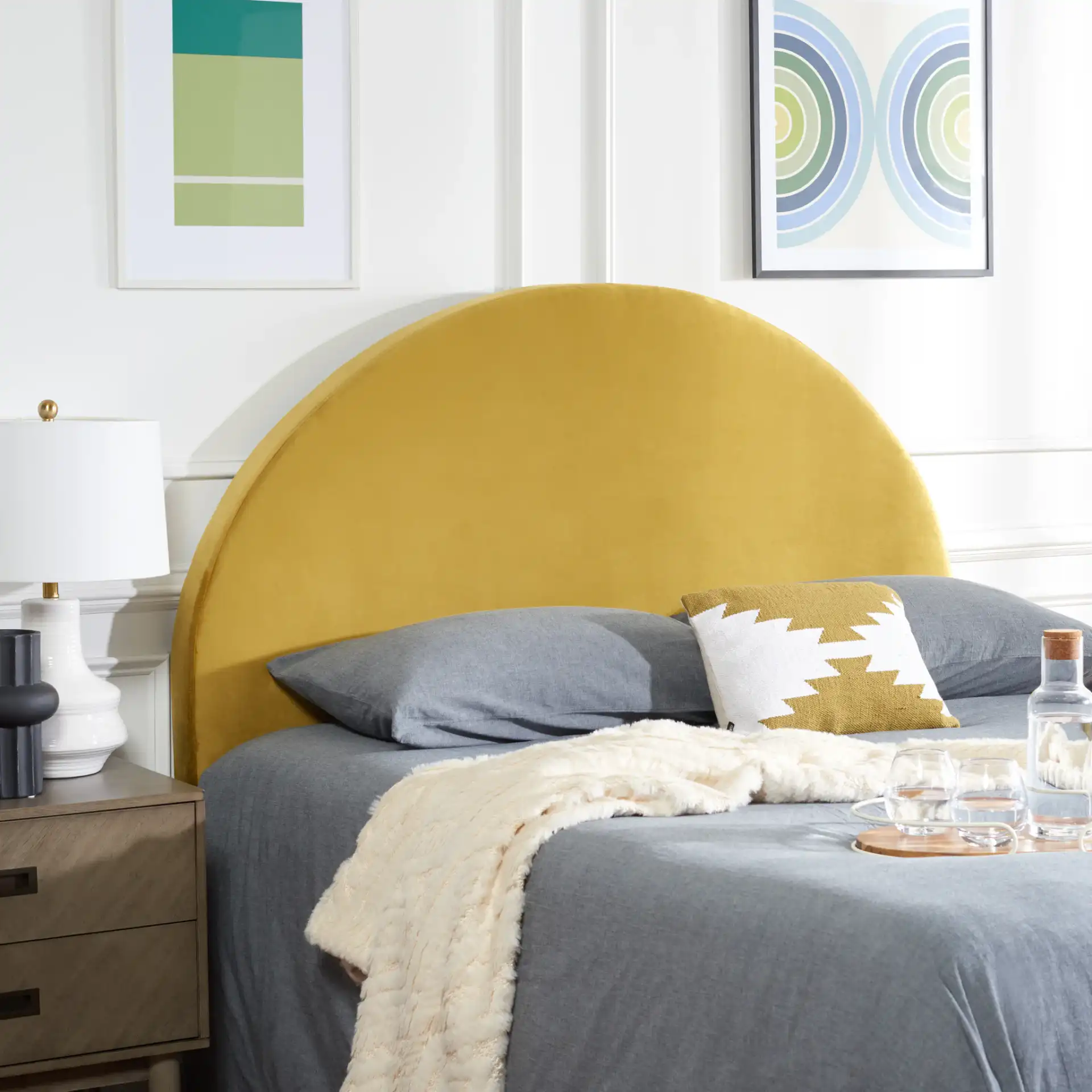 Sunnira Arched Headboard in Mustard in a styled room