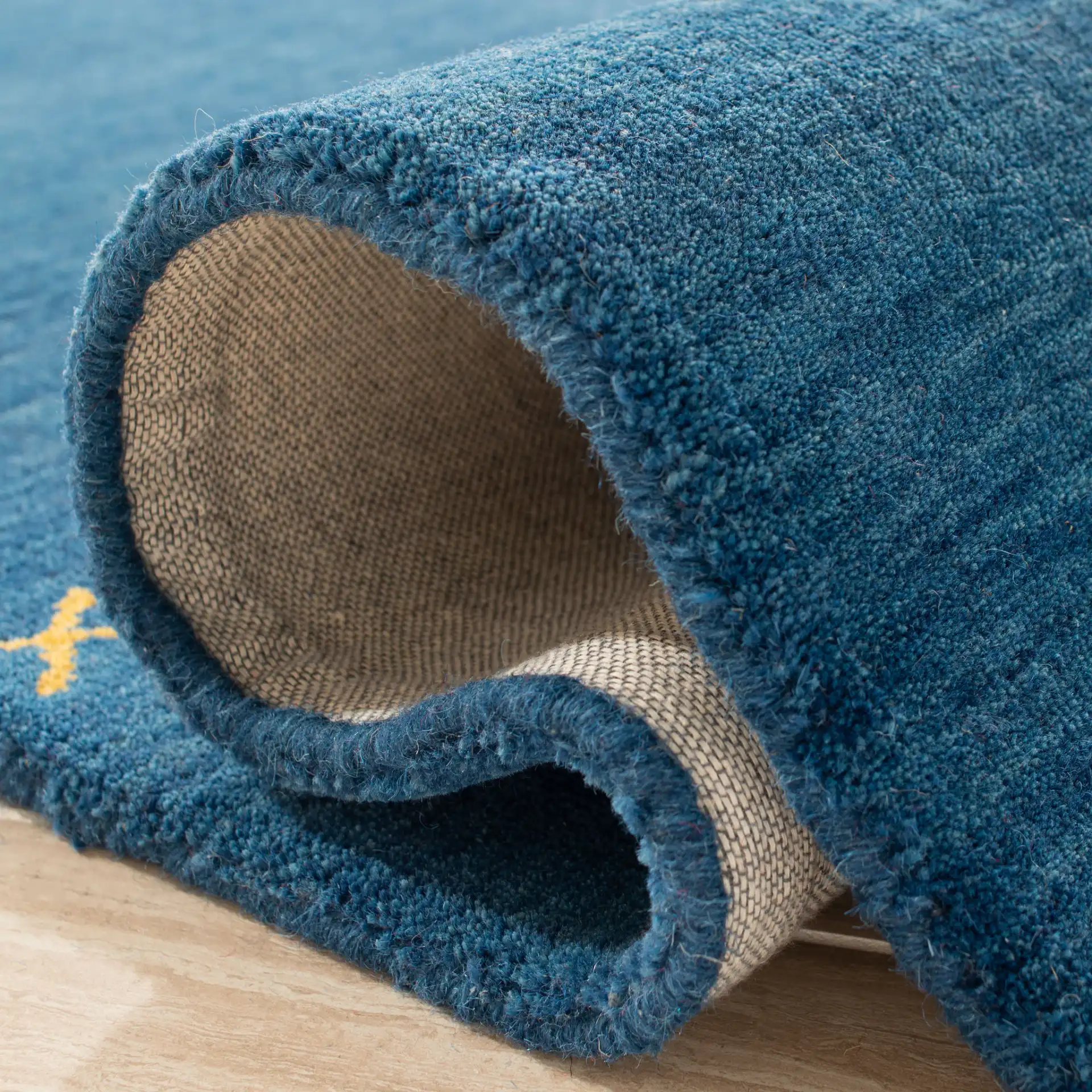 Himalaya Tribal Border Hand-Loomed Wool Rug in Blue in a styled room