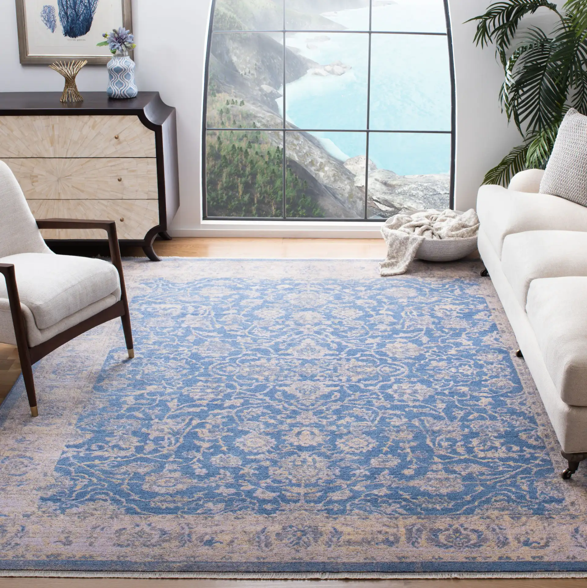 Hellenic Bordered Floral Rug in Blue / Gold in a styled room