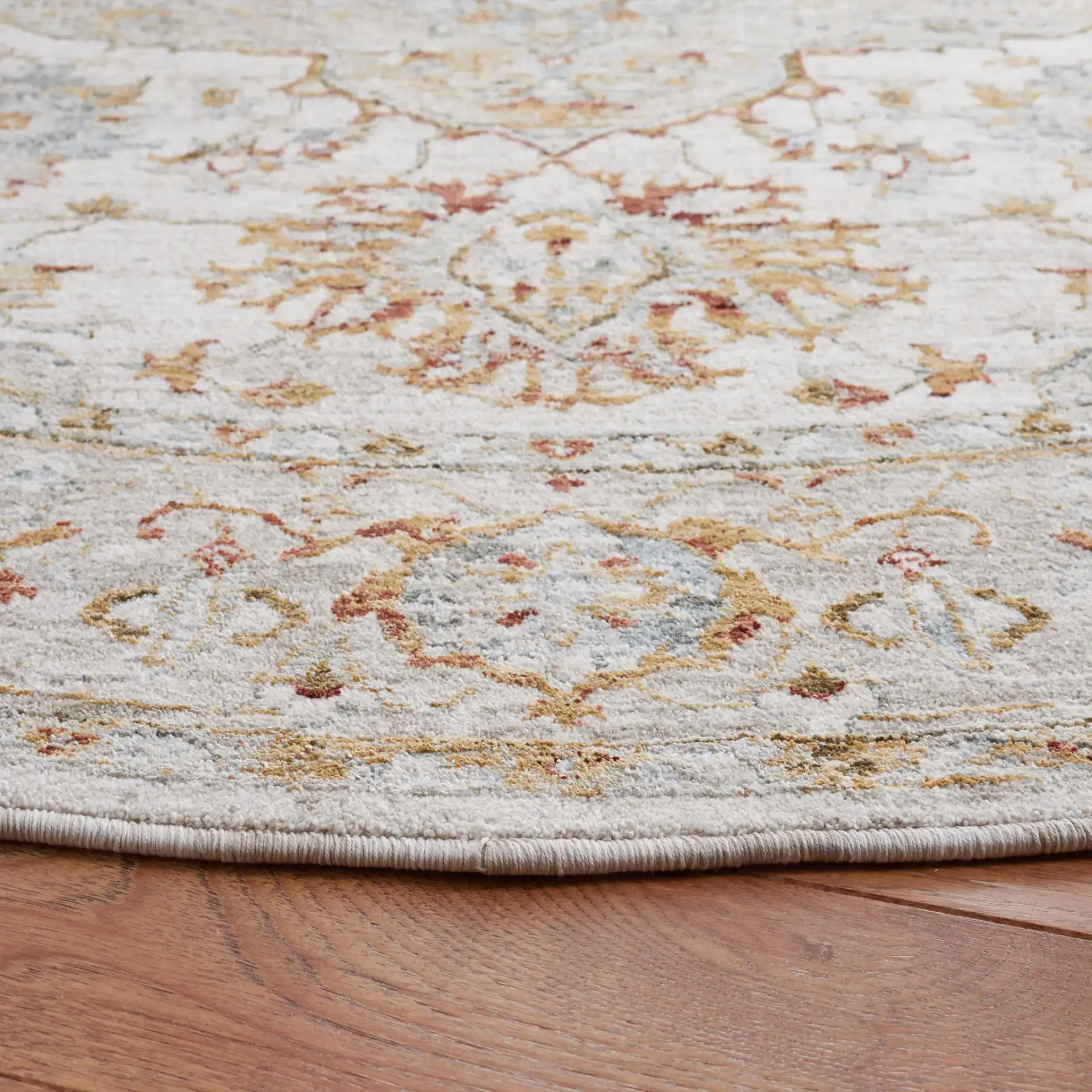 Hamilton Medallion Bordered Rug in Ivory / Blue in a styled room