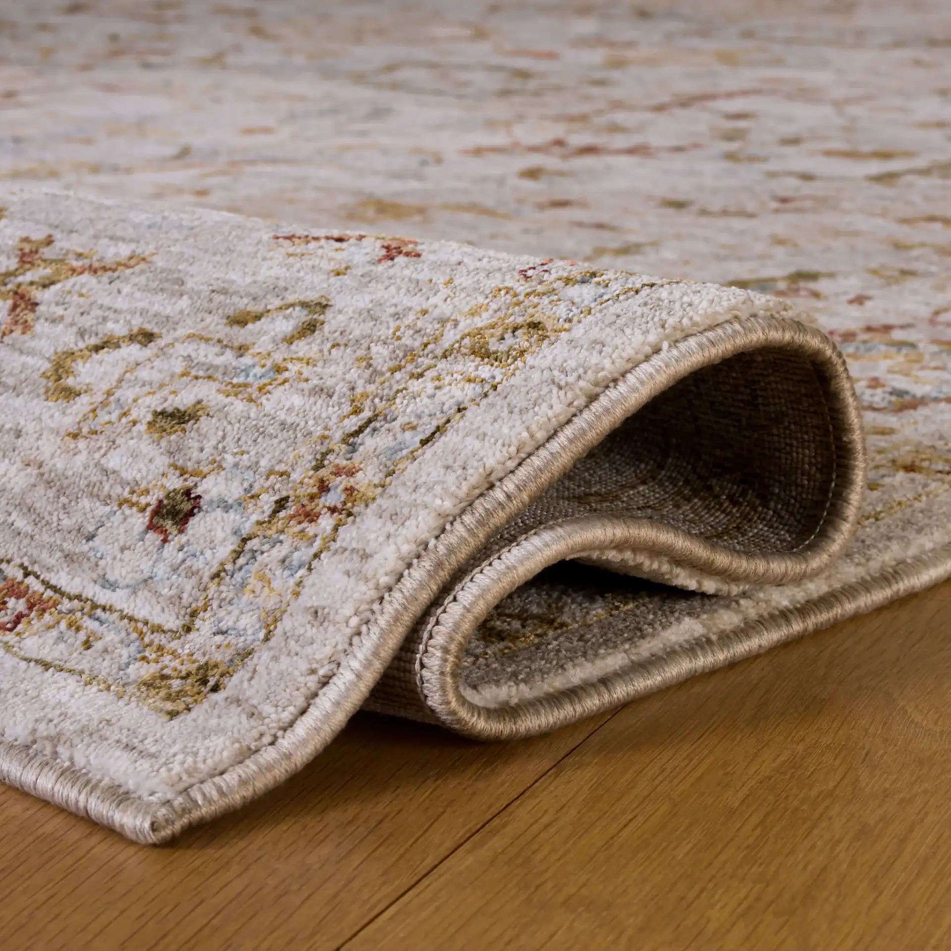 Hamilton Medallion Bordered Rug in Ivory / Blue in a styled room