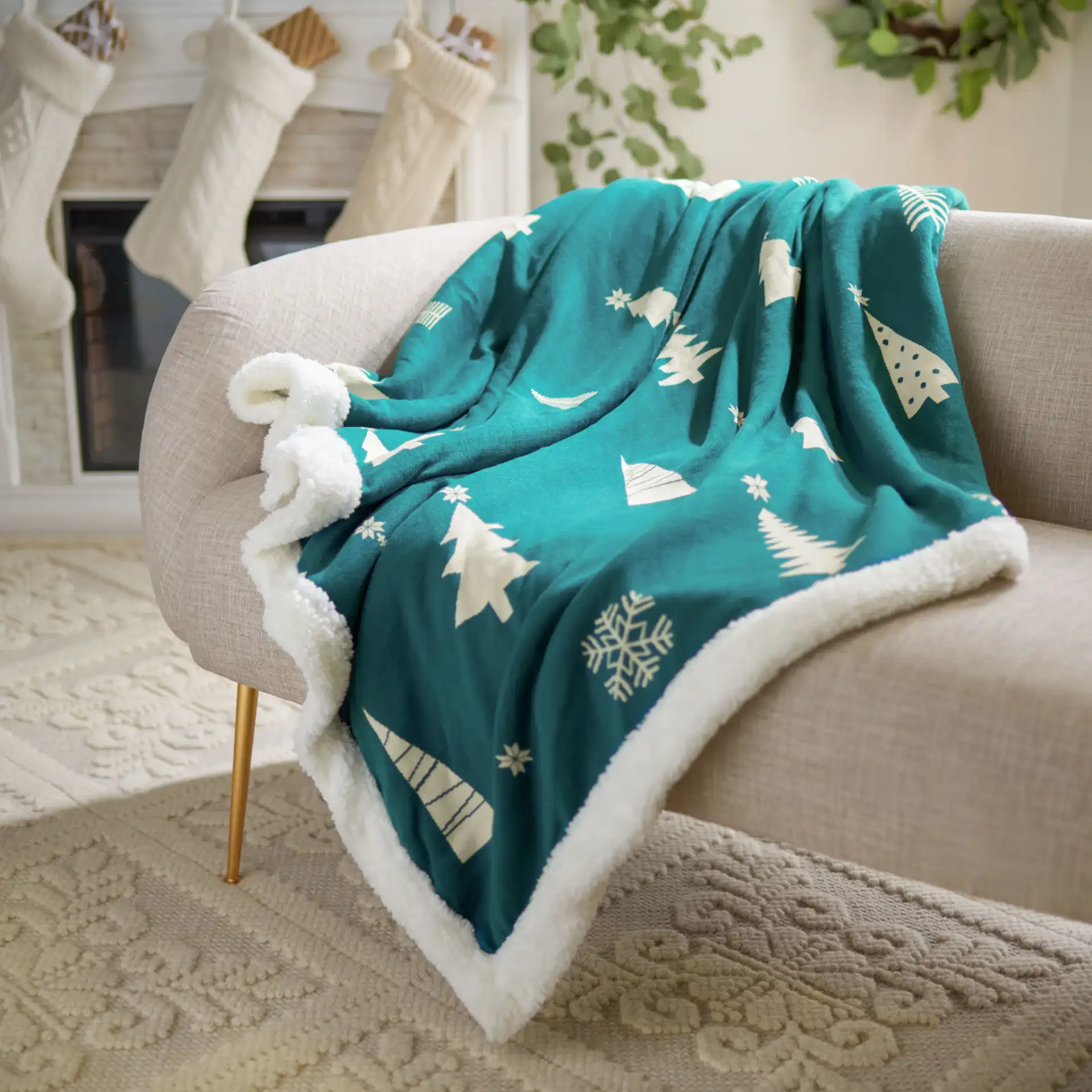 Cedar Sherpa Throw in Green in a styled room