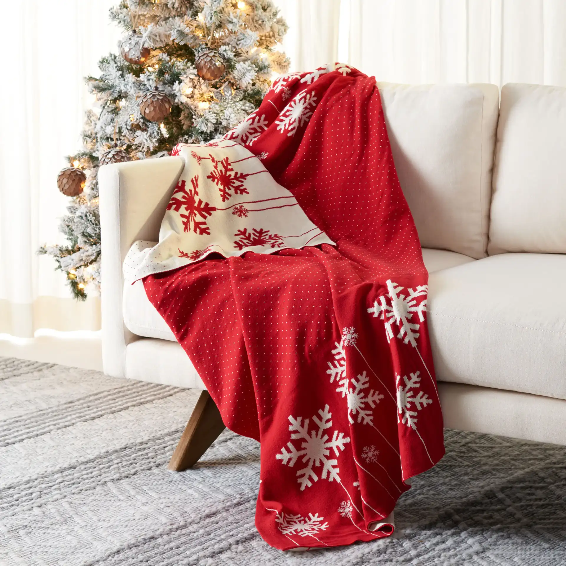 Frosty Throw in Red / White in a styled room