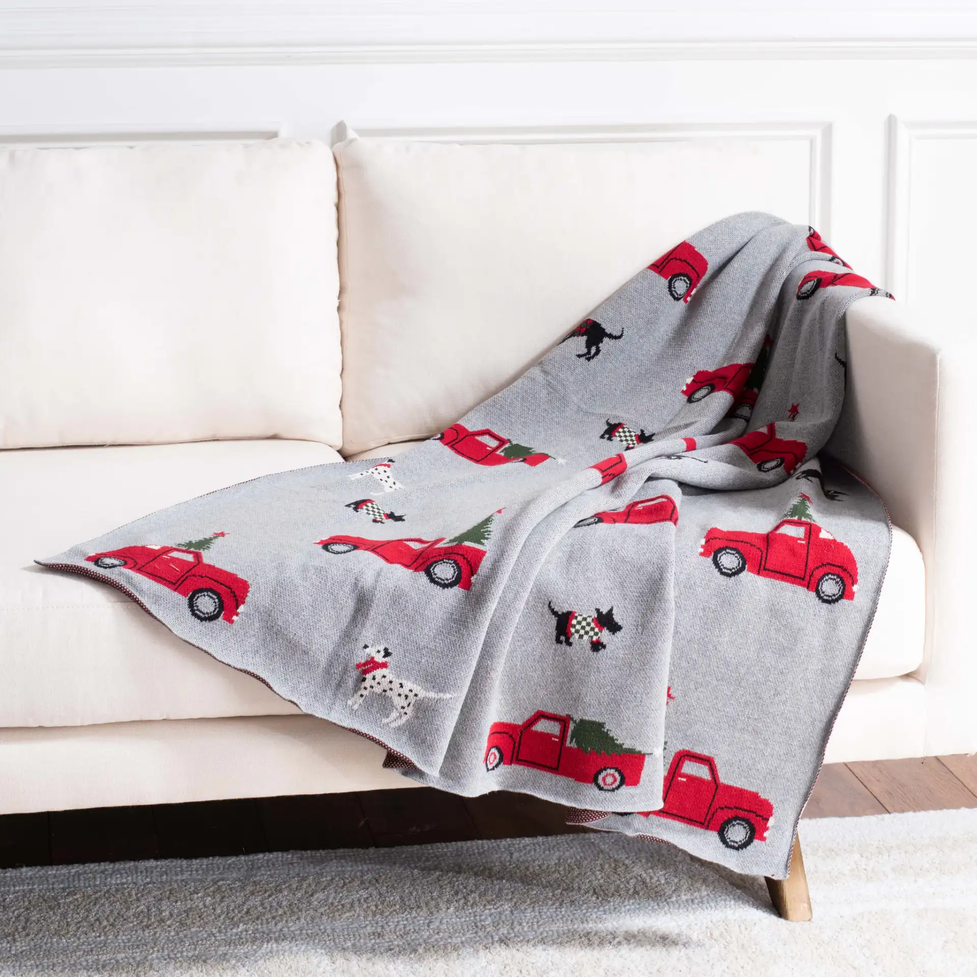 Dasher Throw in Gray / Red in a styled room