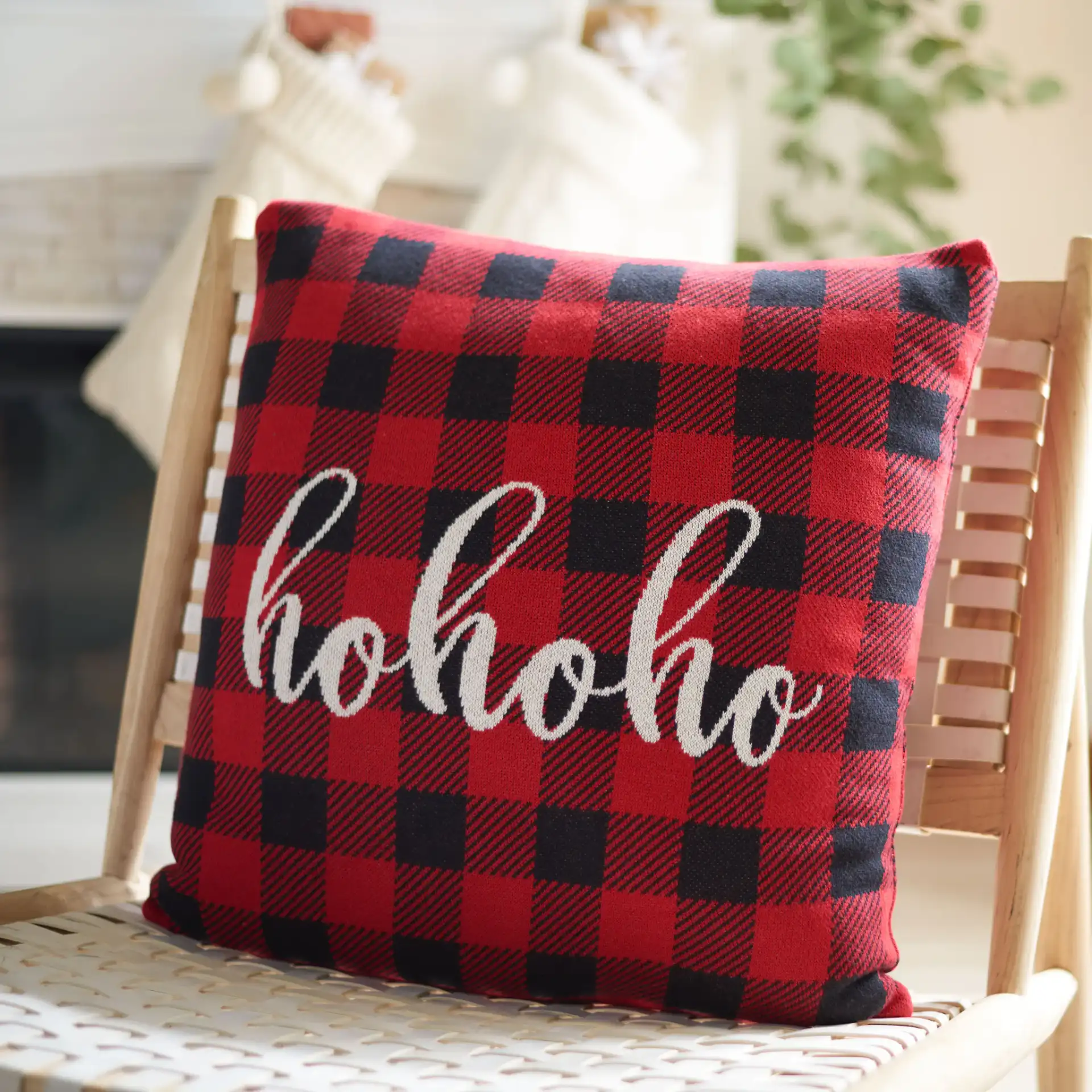 Ho Ho Ho Pillow in Red in a styled room