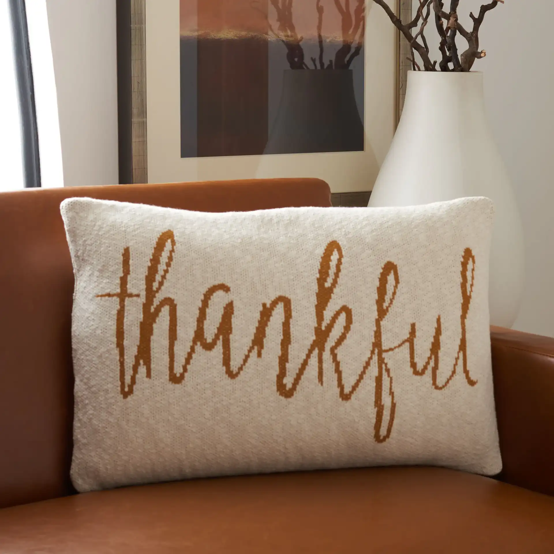 Thankful Pillow in Natural / Mustard in a styled room