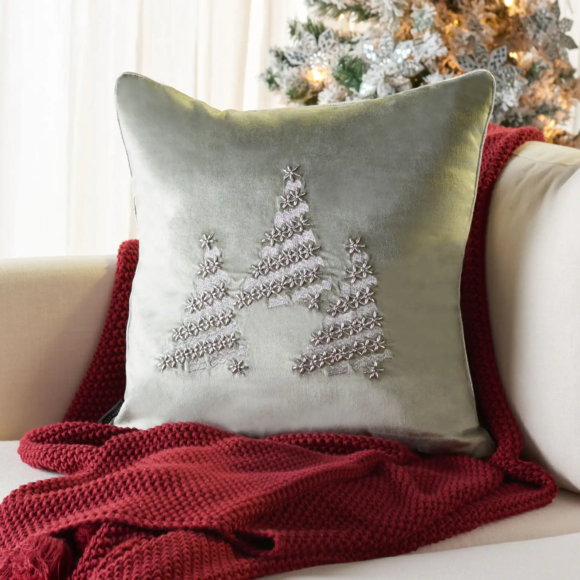 Winter Tree Pillow in Silver in a styled room