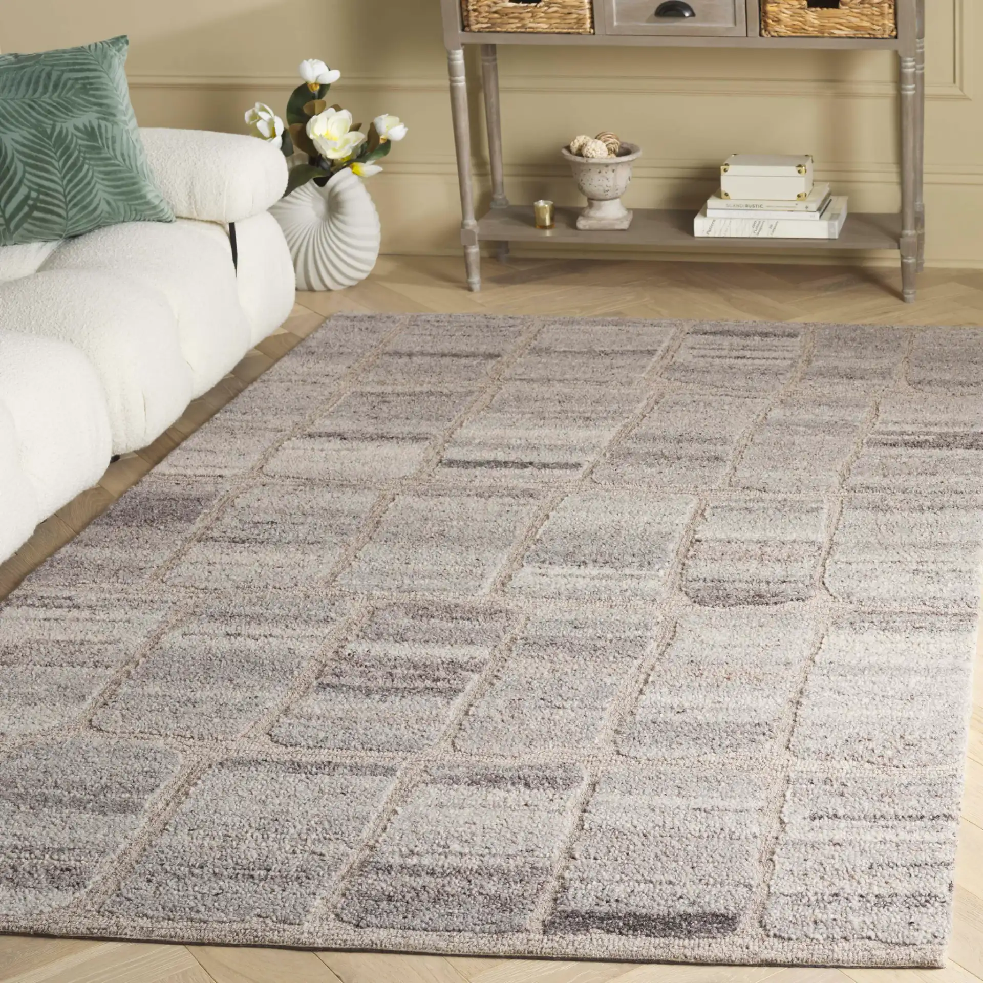 Harvest Cobblestone Hand-Tufted Wool Rug in Taupe / Gray in a styled room