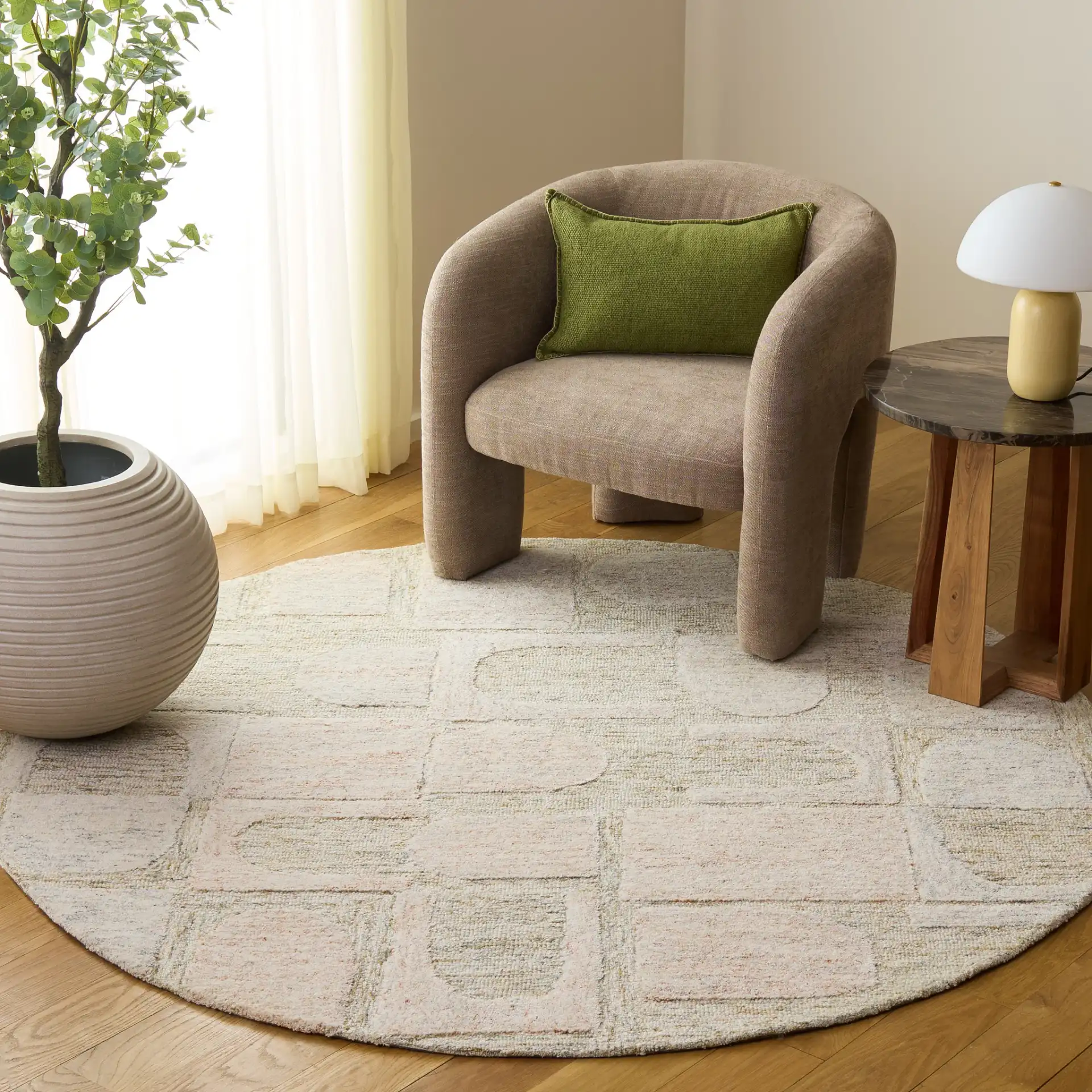 Harvest Arch And Block Hand-Tufted Wool Rug in Gray / Rust in a styled room