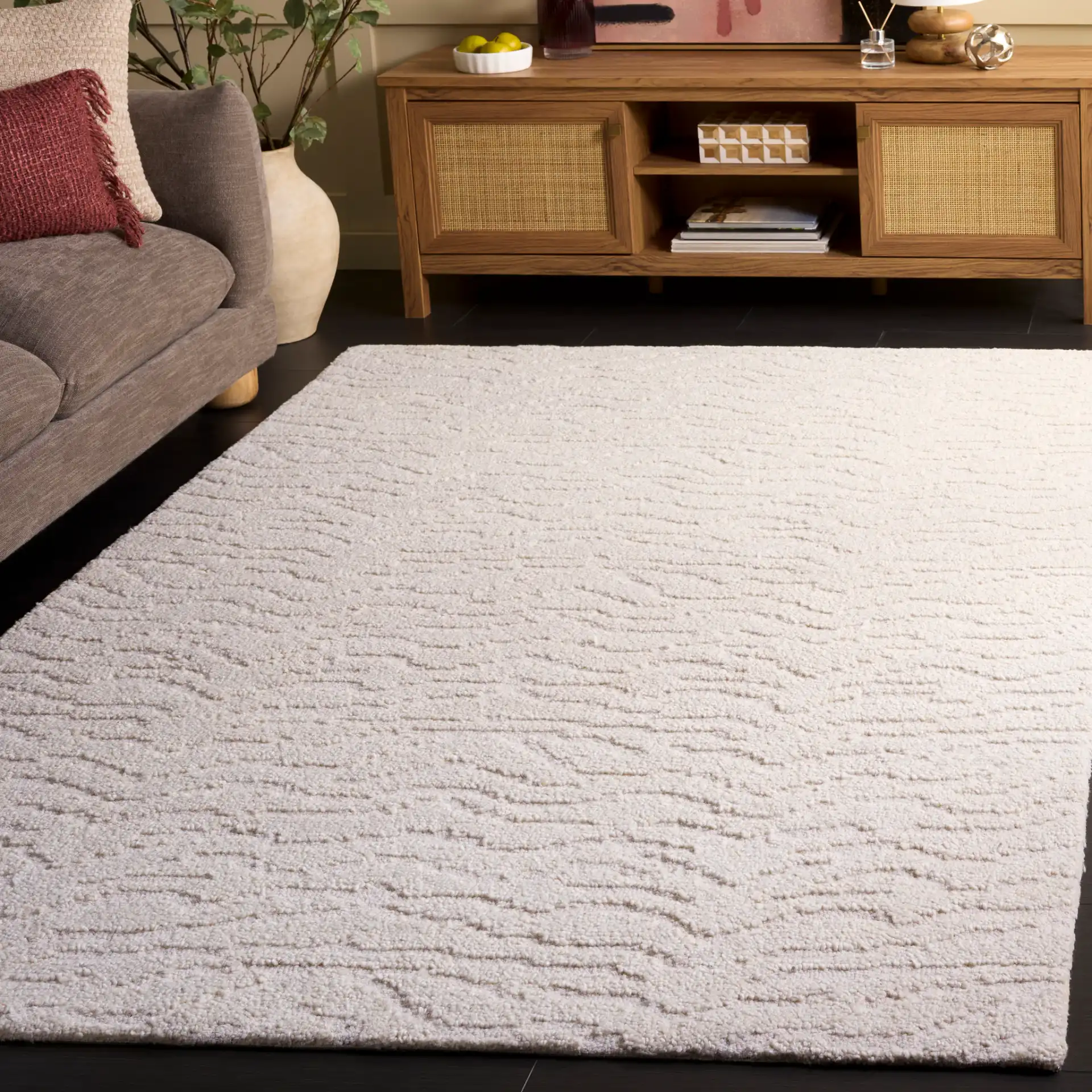 Harvest Wave Hand-Tufted Wool Rug in Ivory in a styled room