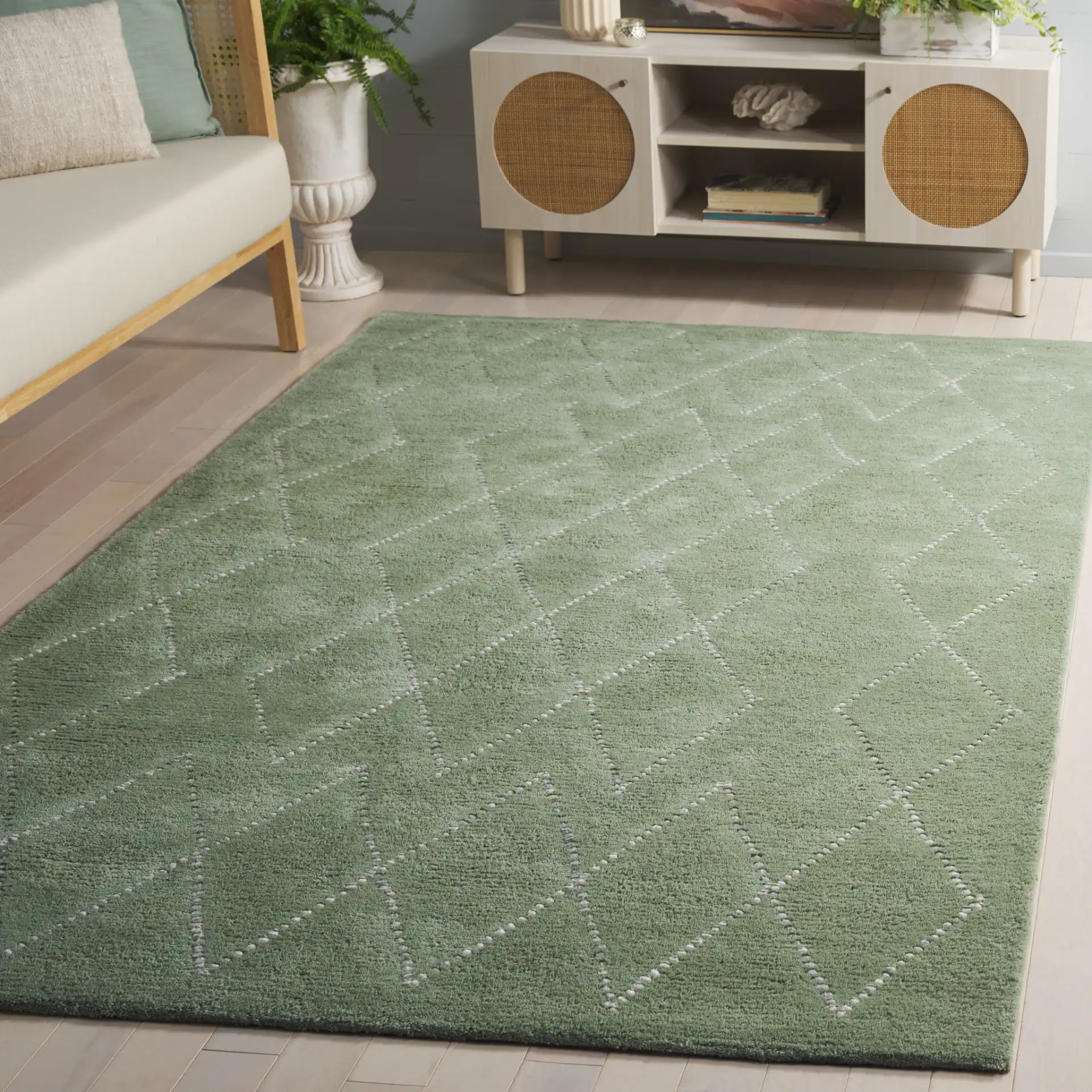 Harvest Diamond Lattice Hand-Tufted Wool Rug in Sage / Ivory in a styled room