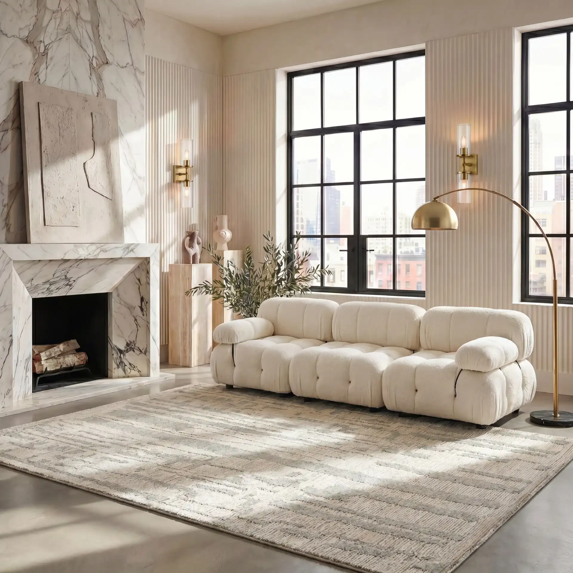Harvest Abstract Linear Hand-Tufted Wool Rug in Ivory / Light Blue in a styled room