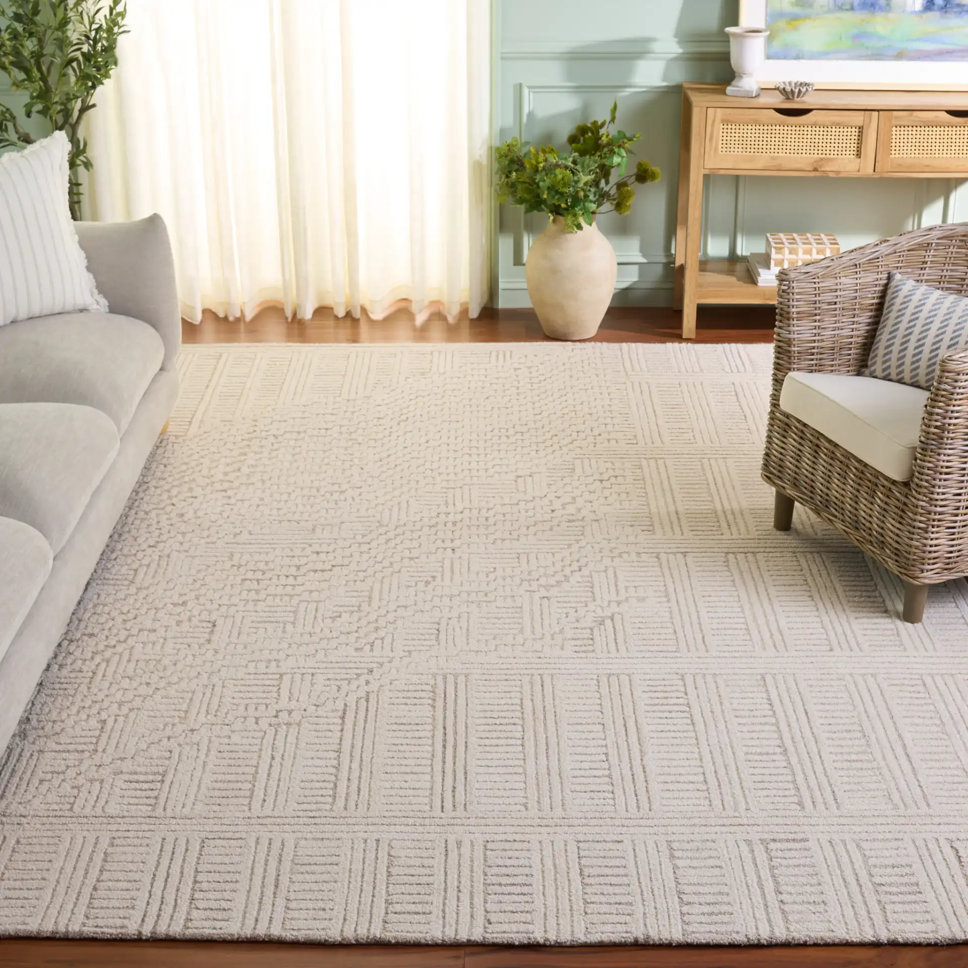 Harvest Linear Blocks Hand-Tufted Wool Rug in Beige / Ivory in a styled room