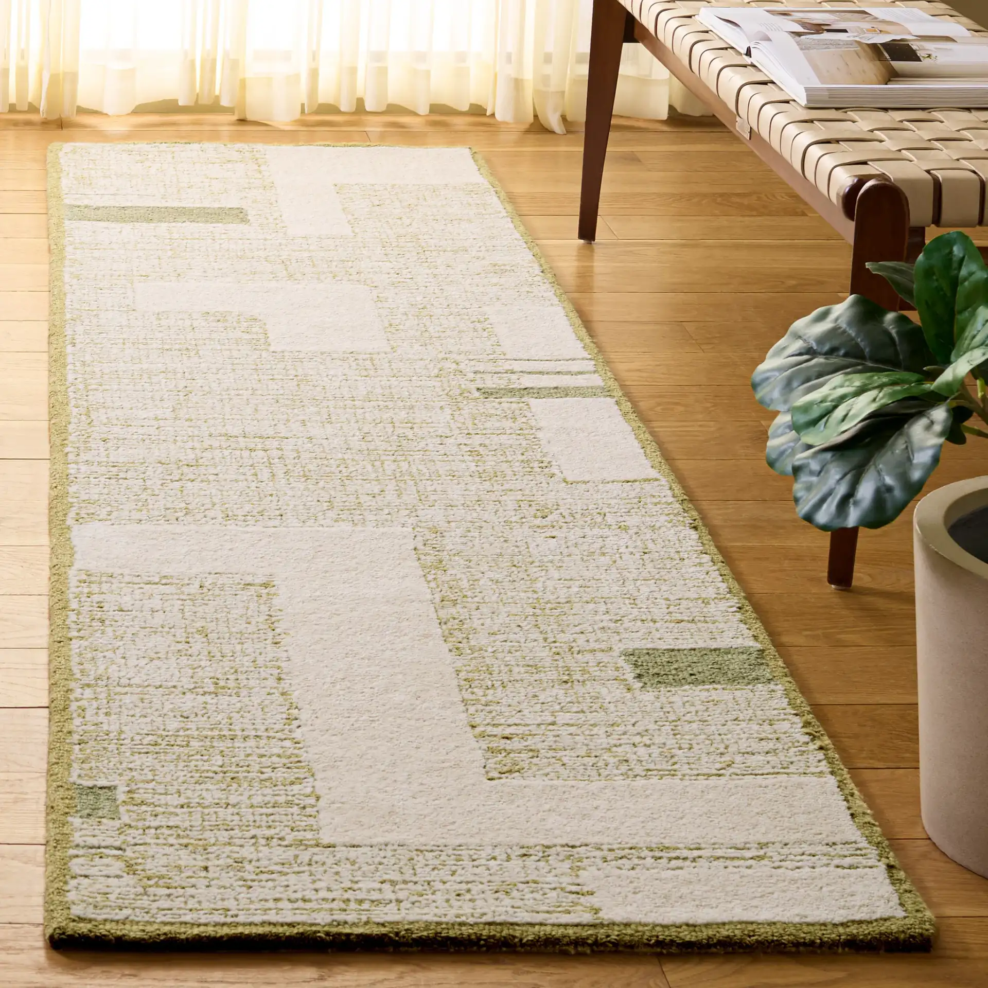 Harvest Modern Geometric Hand-Tufted Wool Rug in Green / Ivory in a styled room