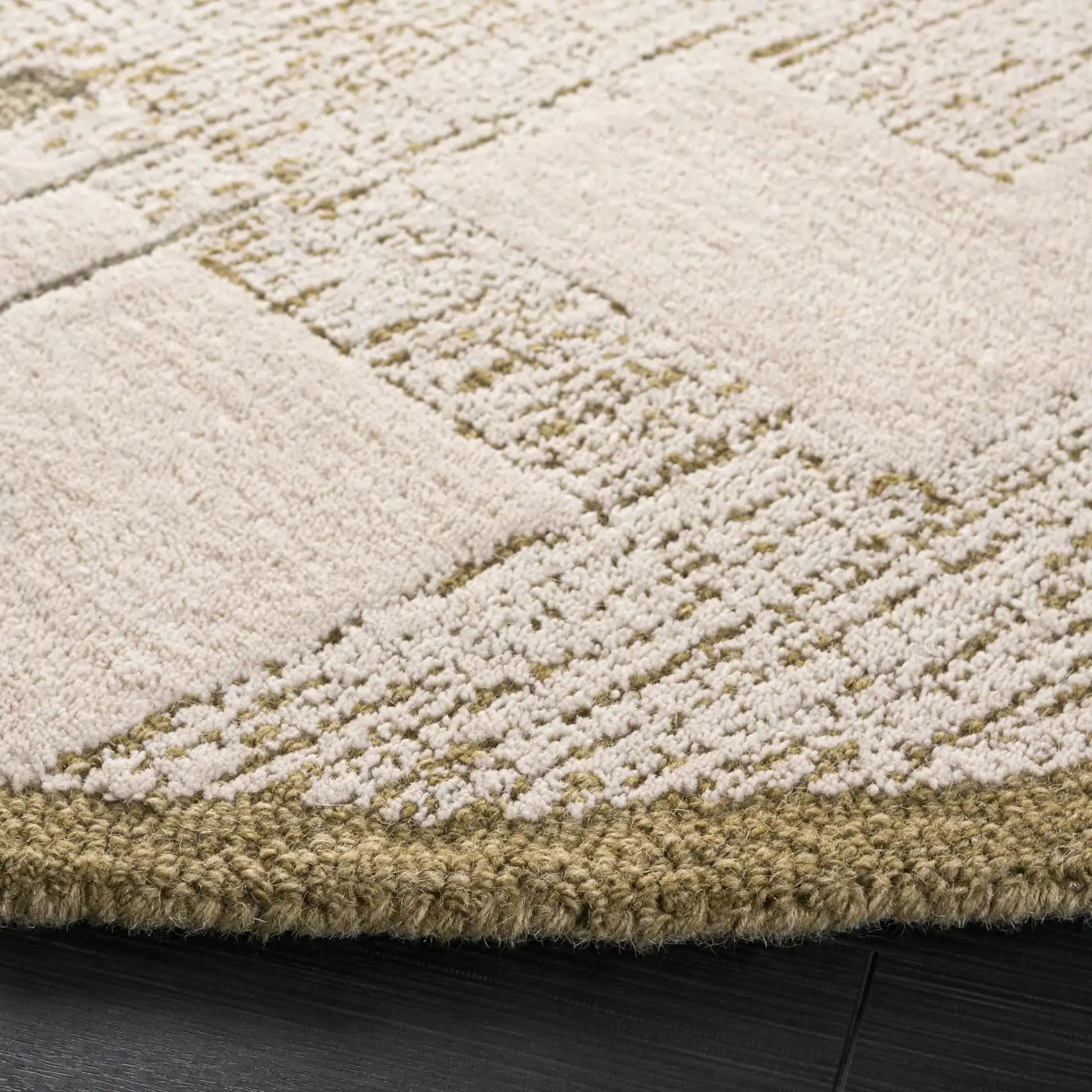 Harvest Modern Geometric Hand-Tufted Wool Rug in Green / Ivory in a styled room