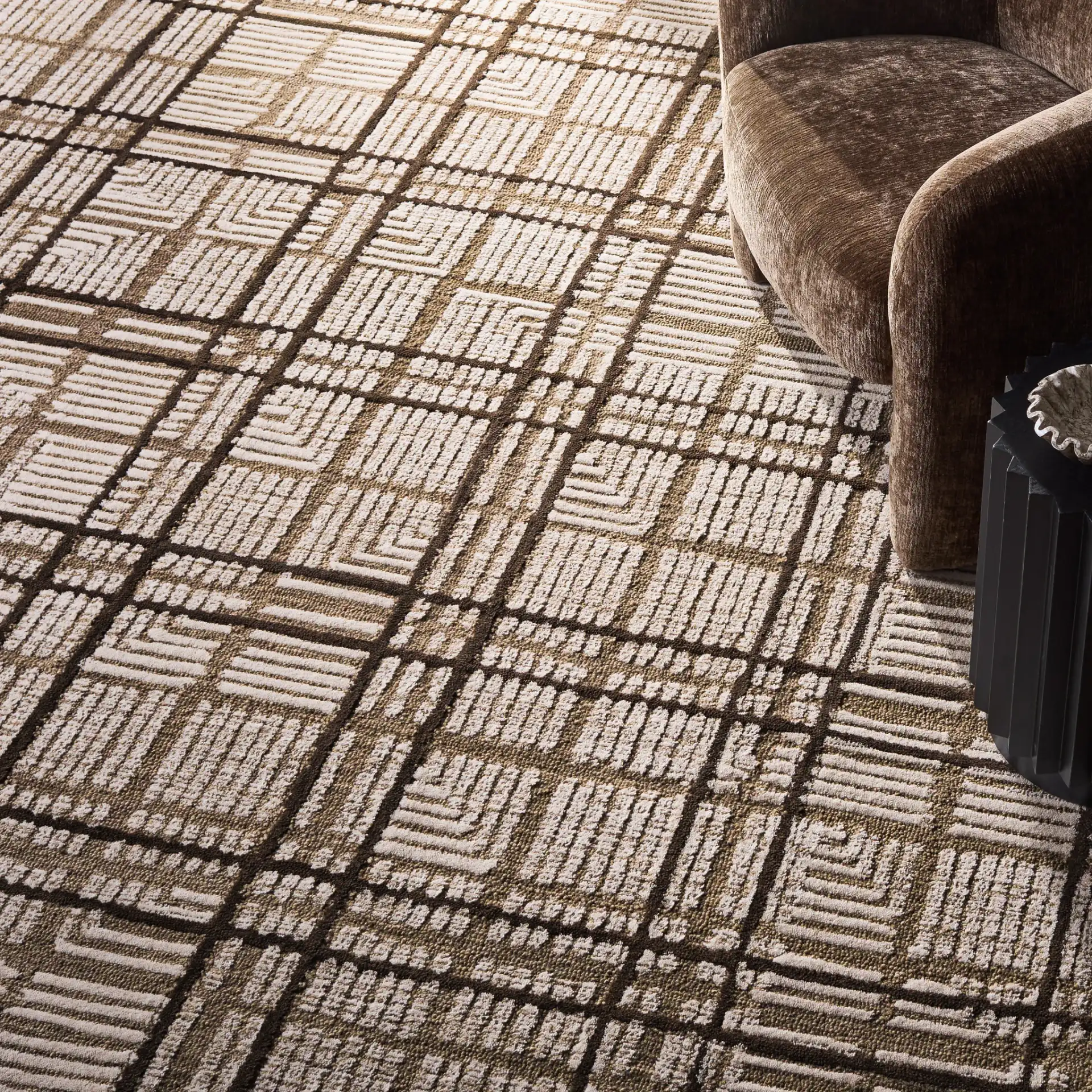 Harvest Modern Grid Hand-Tufted Wool Rug in Brown / Ivory in a styled room